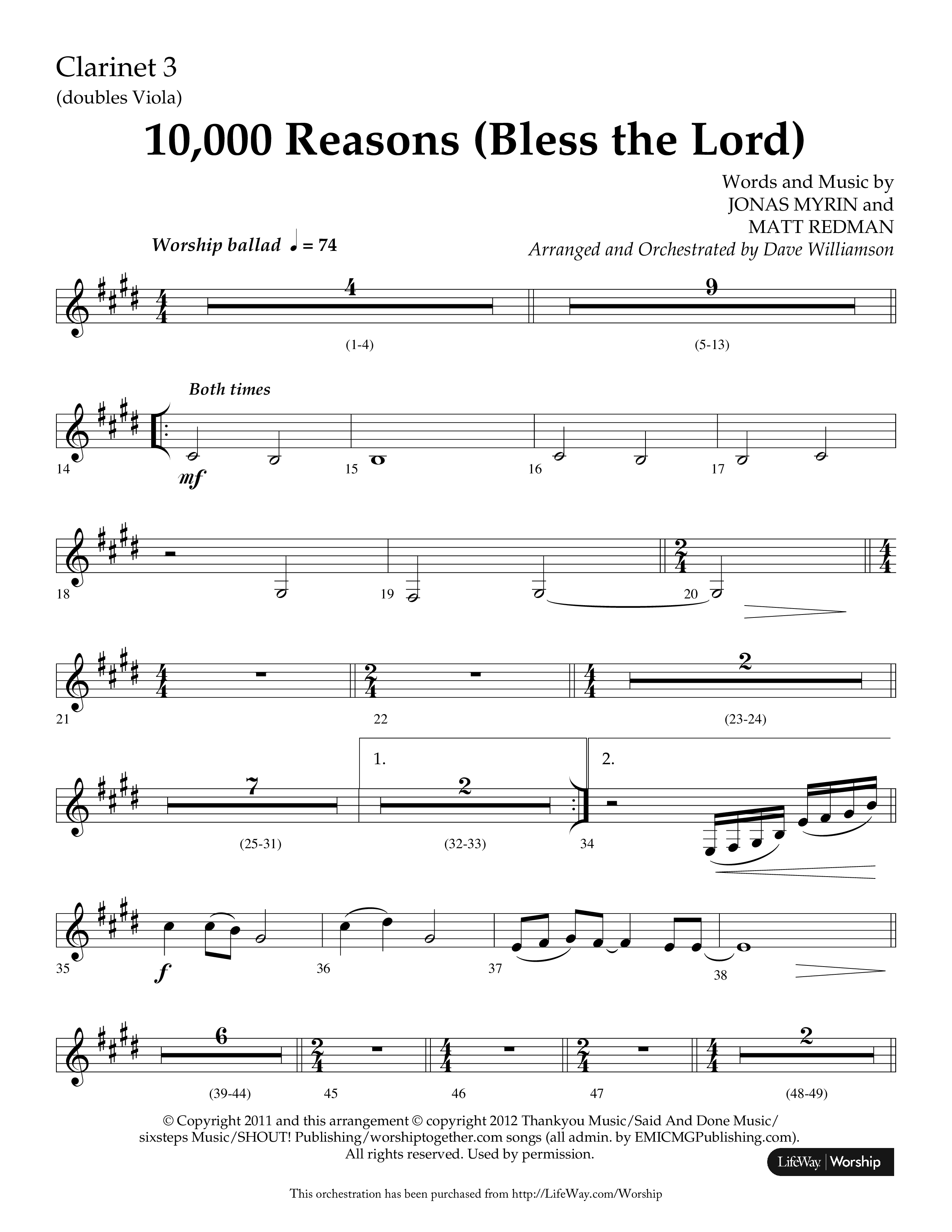 10,000 Reasons (Bless The Lord) (Choral Anthem SATB) Clarinet 3 (Lifeway Choral / Arr. Dave Williamson)