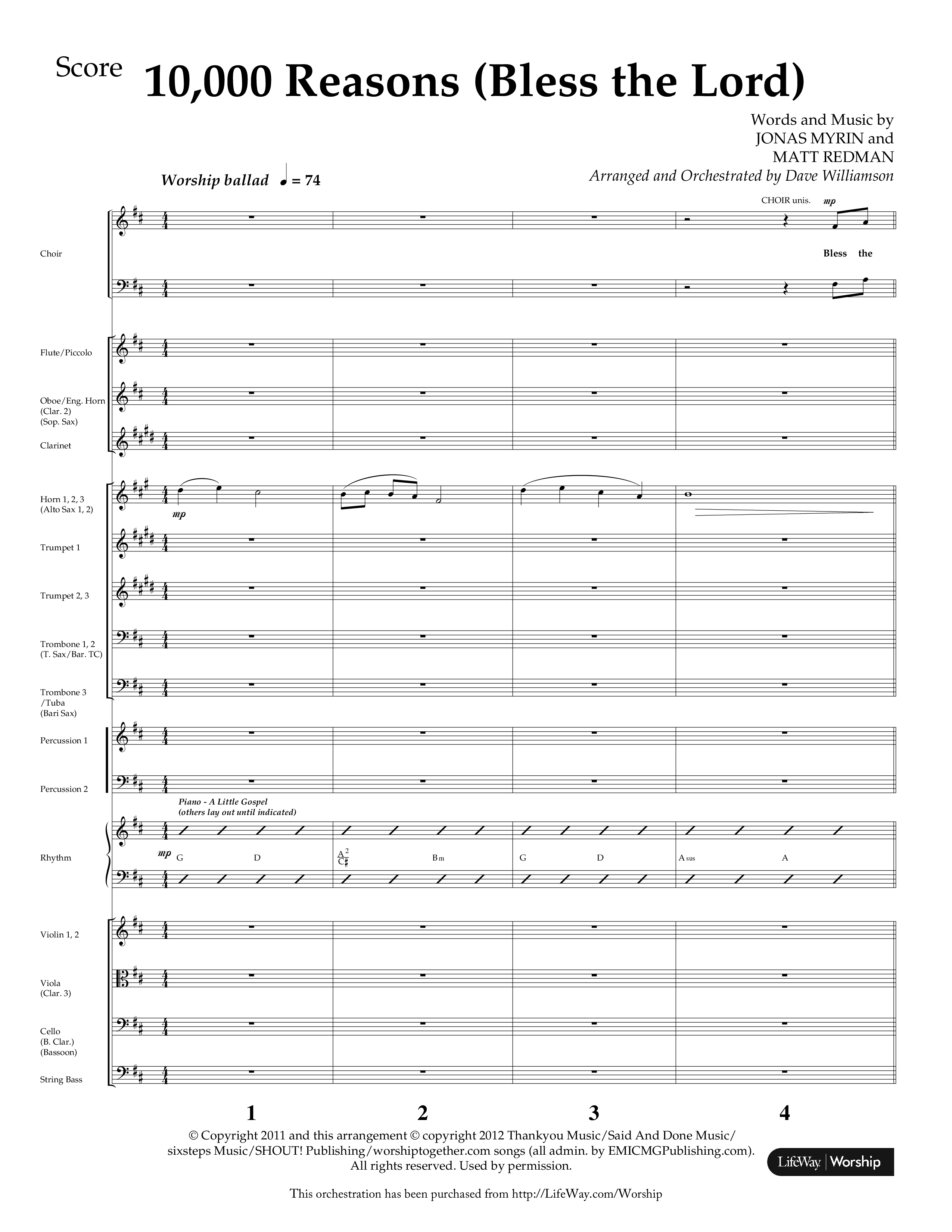 10,000 Reasons (Bless The Lord) (Choral Anthem SATB) Orchestration (Lifeway Choral / Arr. Dave Williamson)