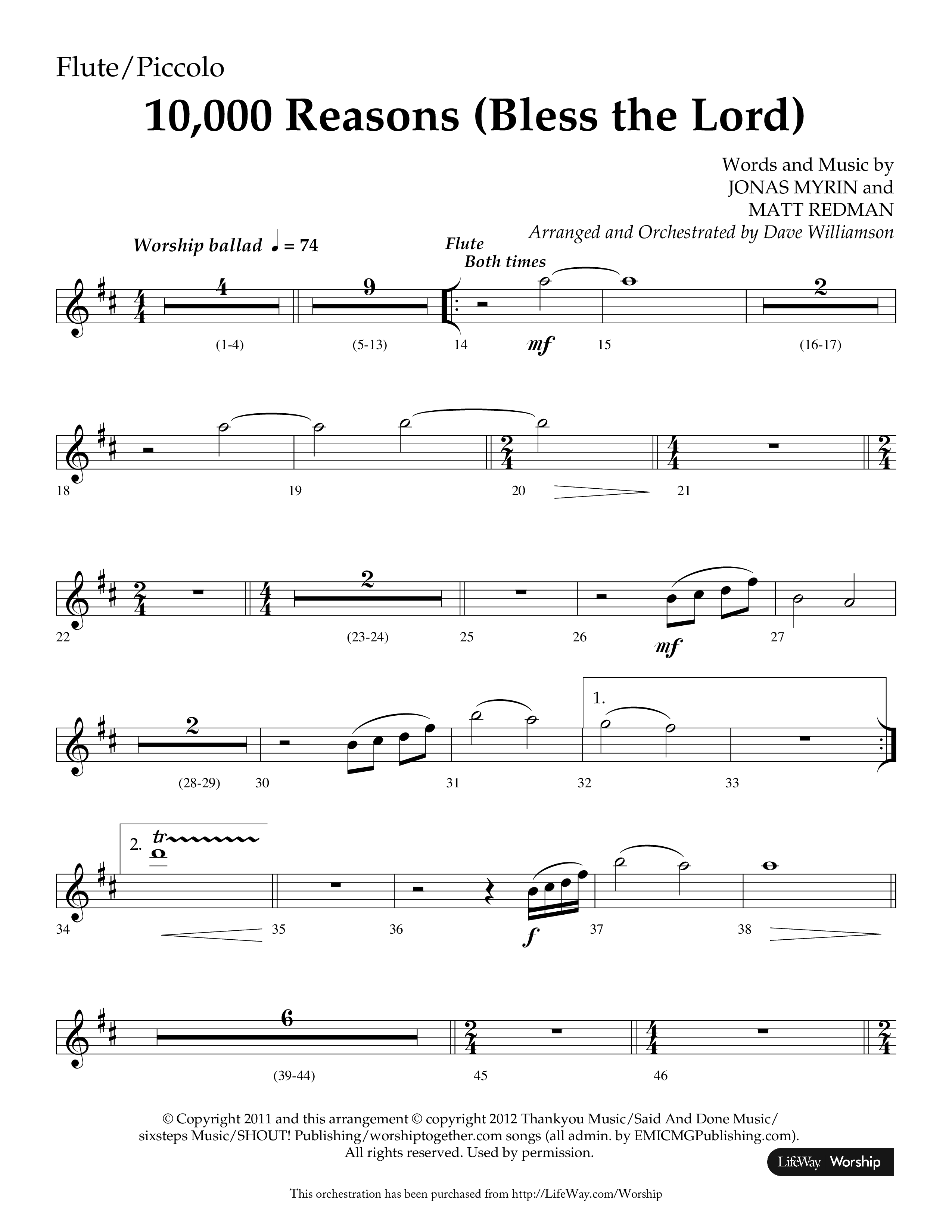 10,000 Reasons (Bless The Lord) (Choral Anthem SATB) Flute/Piccolo (Lifeway Choral / Arr. Dave Williamson)