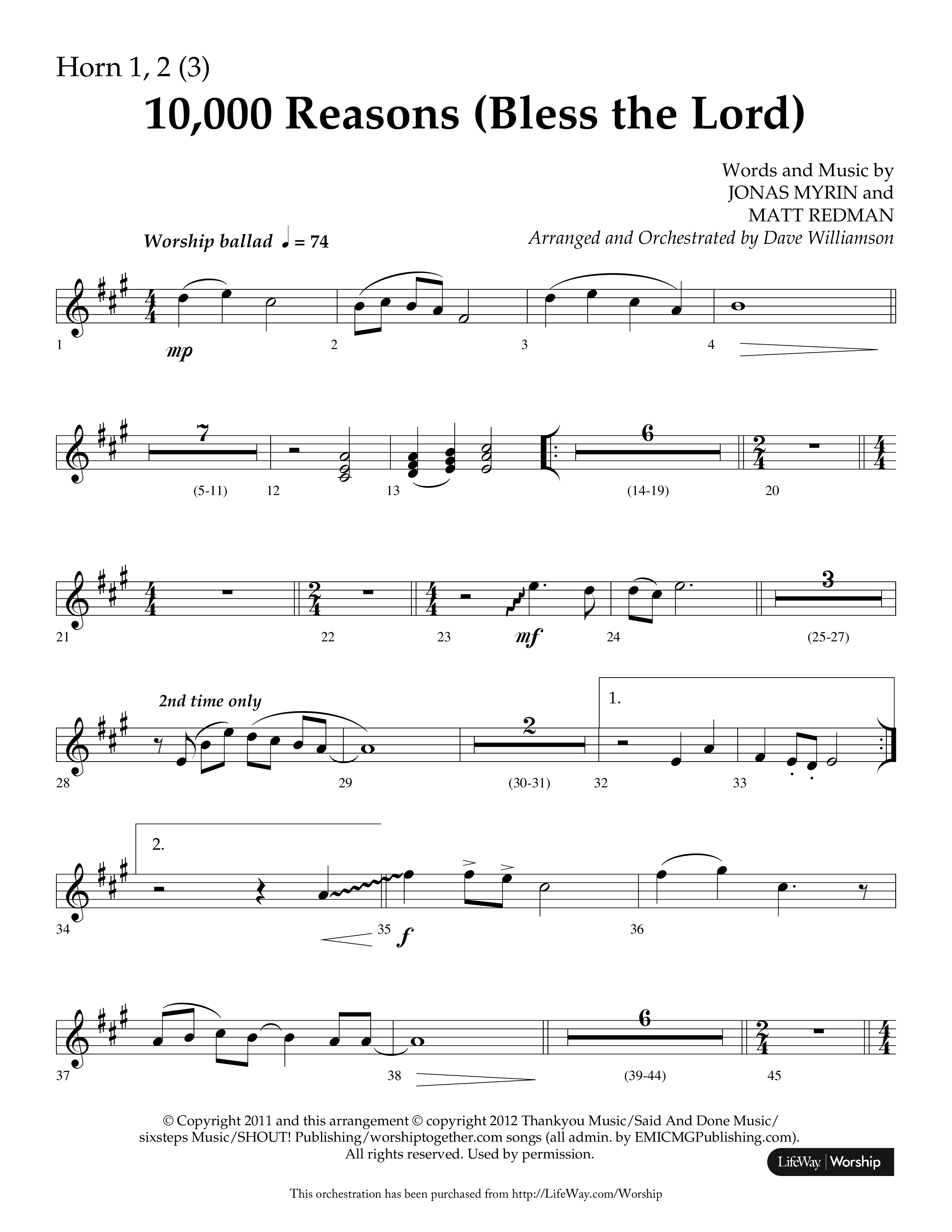 10,000 Reasons (Bless The Lord) (Choral Anthem SATB) French Horn 1/2 (Lifeway Choral / Arr. Dave Williamson)