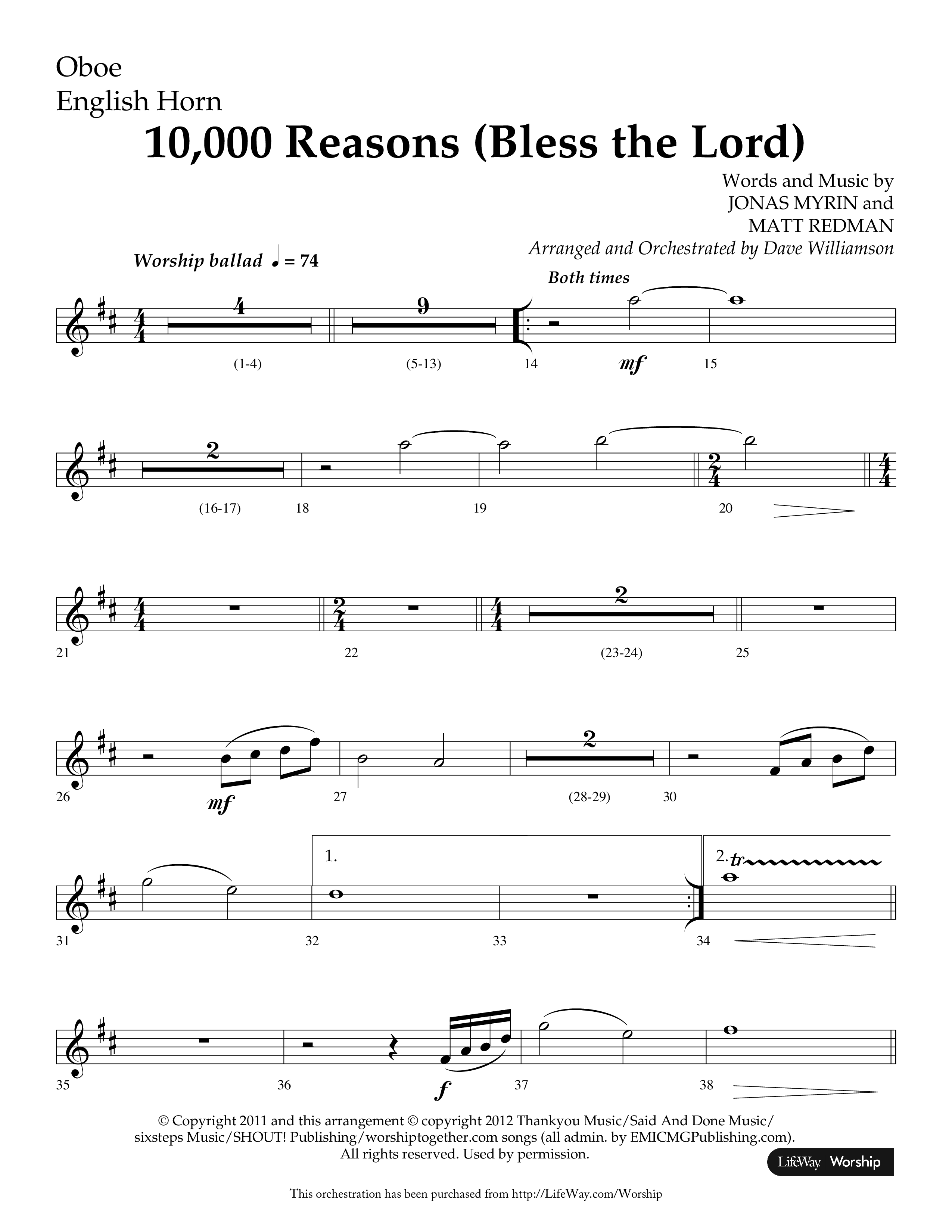10,000 Reasons (Bless The Lord) (Choral Anthem SATB) Oboe (Lifeway Choral / Arr. Dave Williamson)