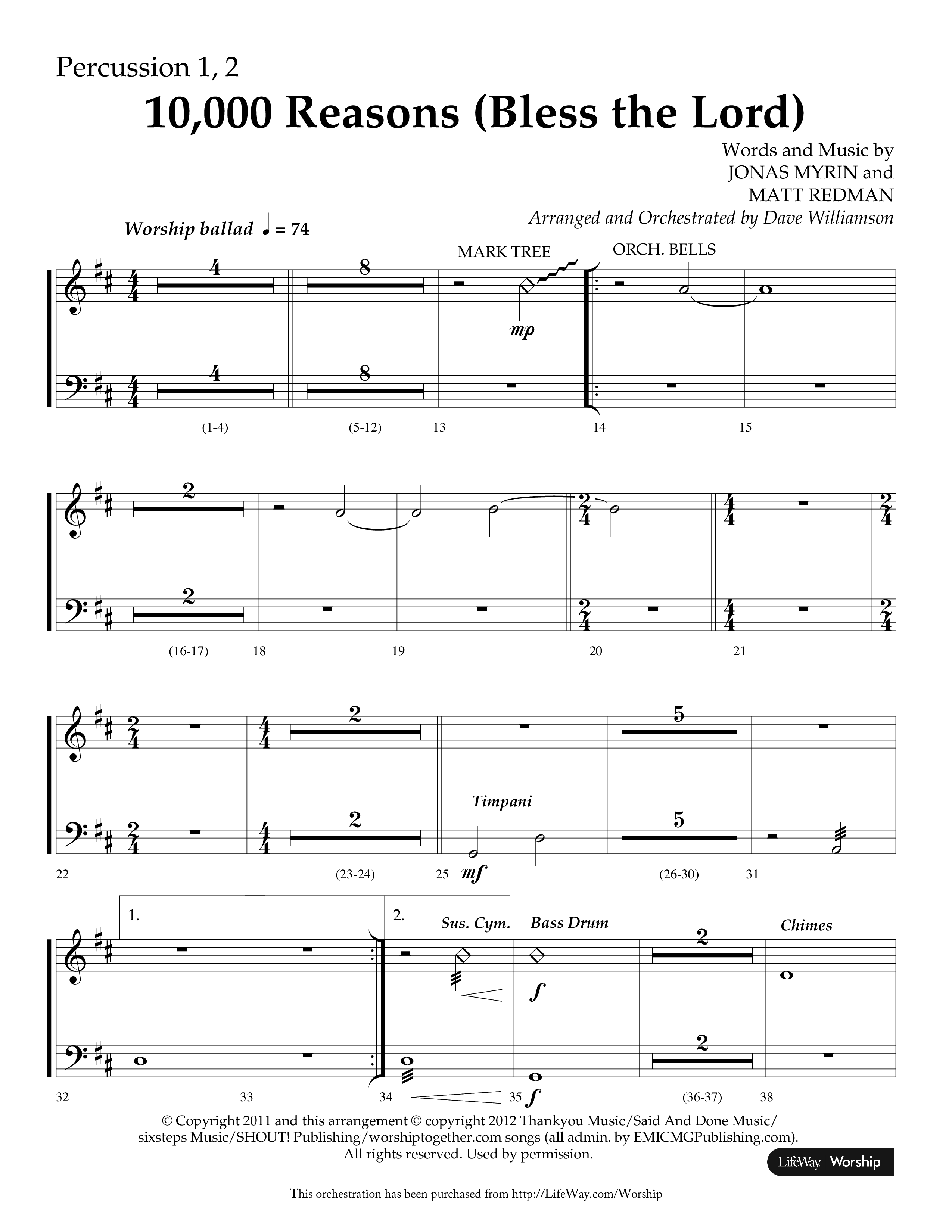 10,000 Reasons (Bless The Lord) (Choral Anthem SATB) Percussion 1/2 (Lifeway Choral / Arr. Dave Williamson)