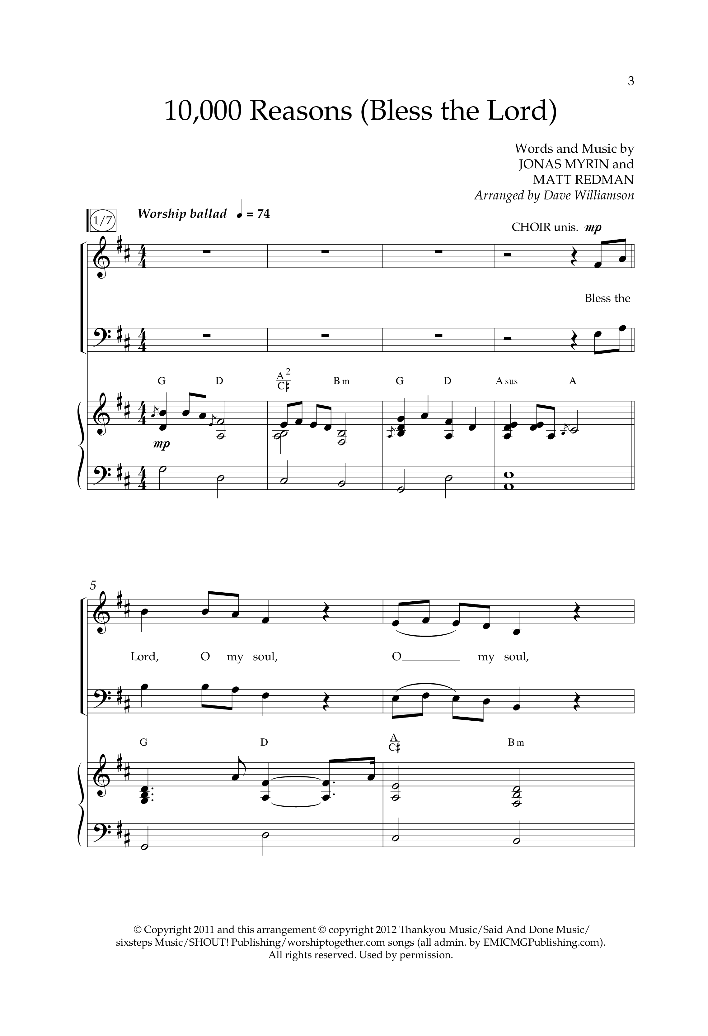 10,000 Reasons (Bless The Lord) (Choral Anthem SATB) Anthem (SATB/Piano) (Lifeway Choral / Arr. Dave Williamson)