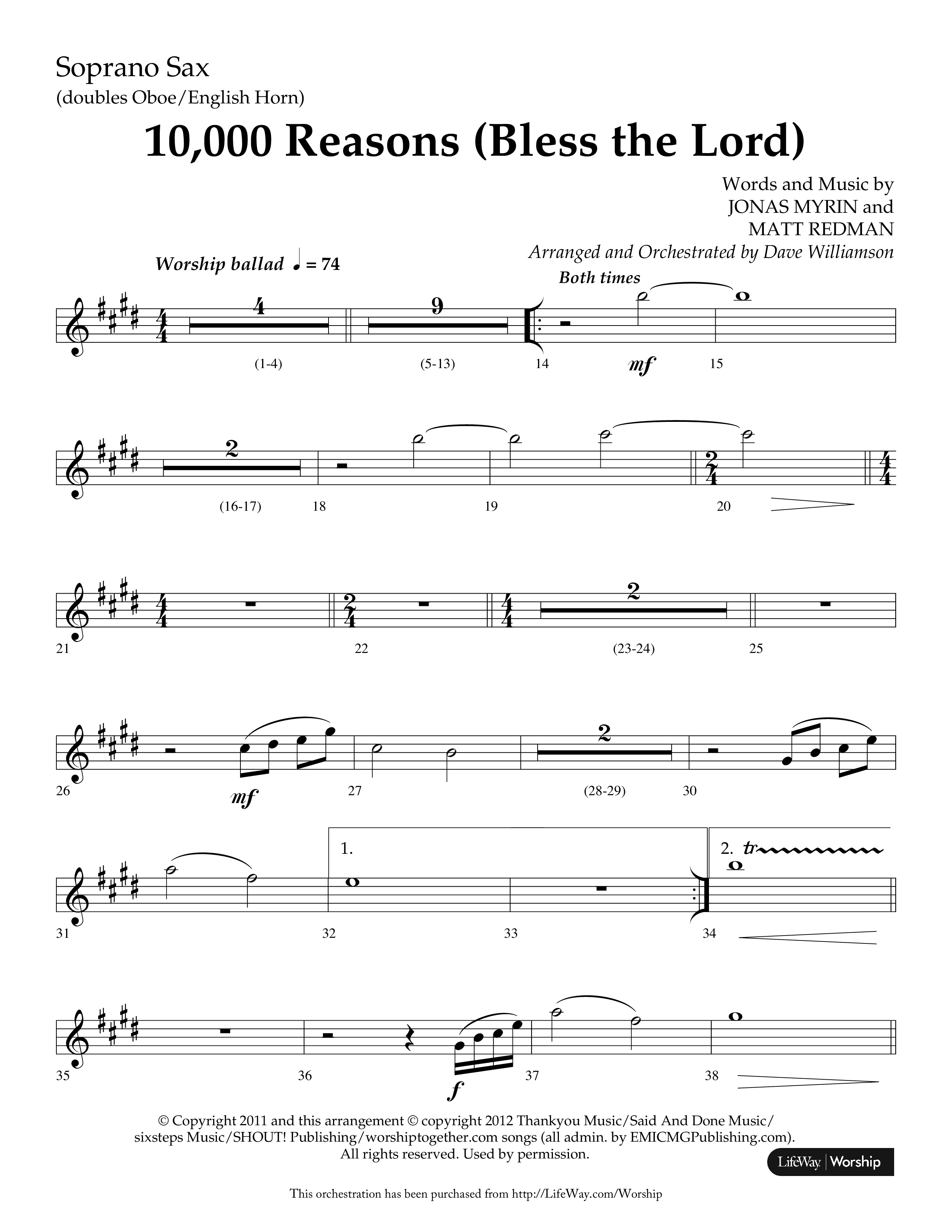 10,000 Reasons (Bless The Lord) (Choral Anthem SATB) Soprano Sax (Lifeway Choral / Arr. Dave Williamson)