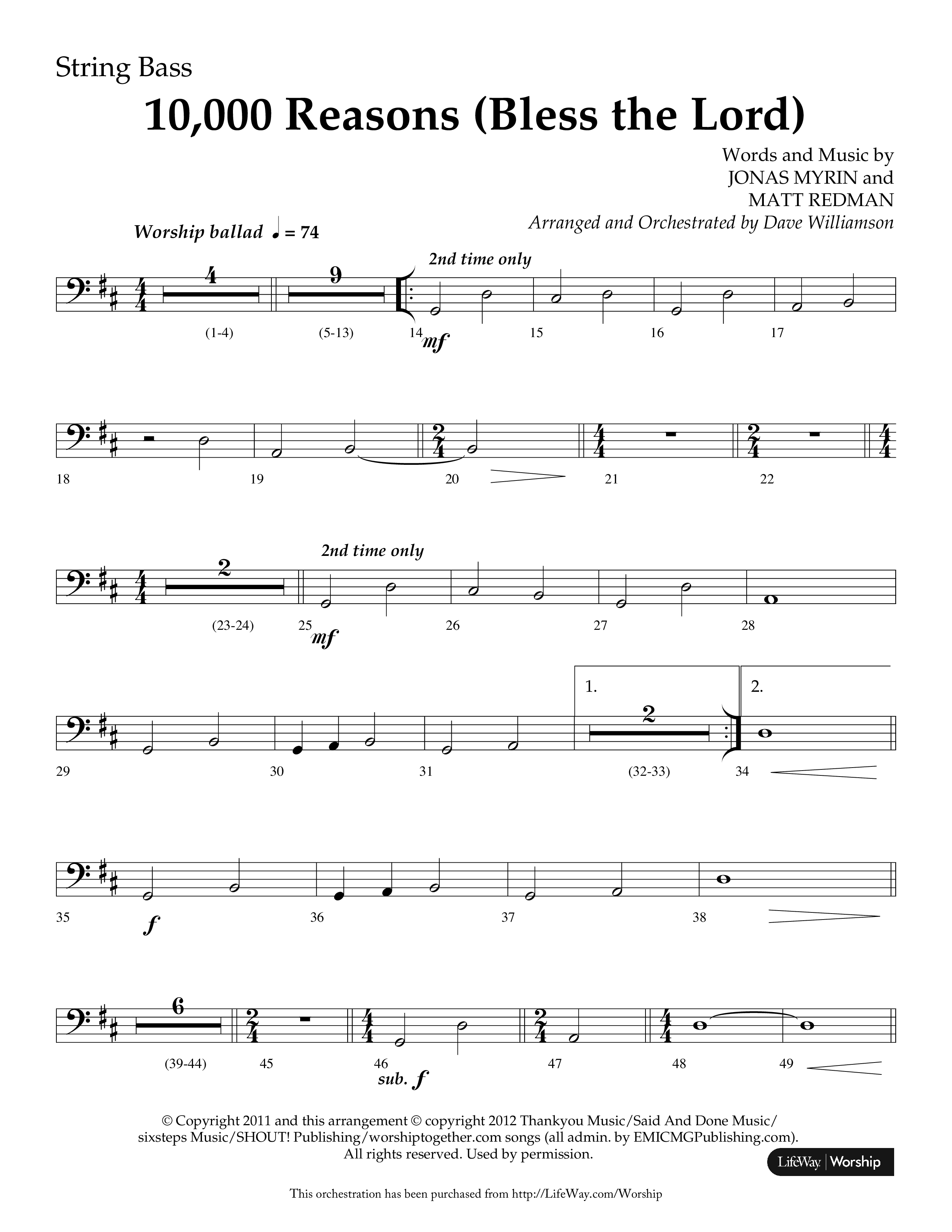 10,000 Reasons (Bless The Lord) (Choral Anthem SATB) String Bass (Lifeway Choral / Arr. Dave Williamson)