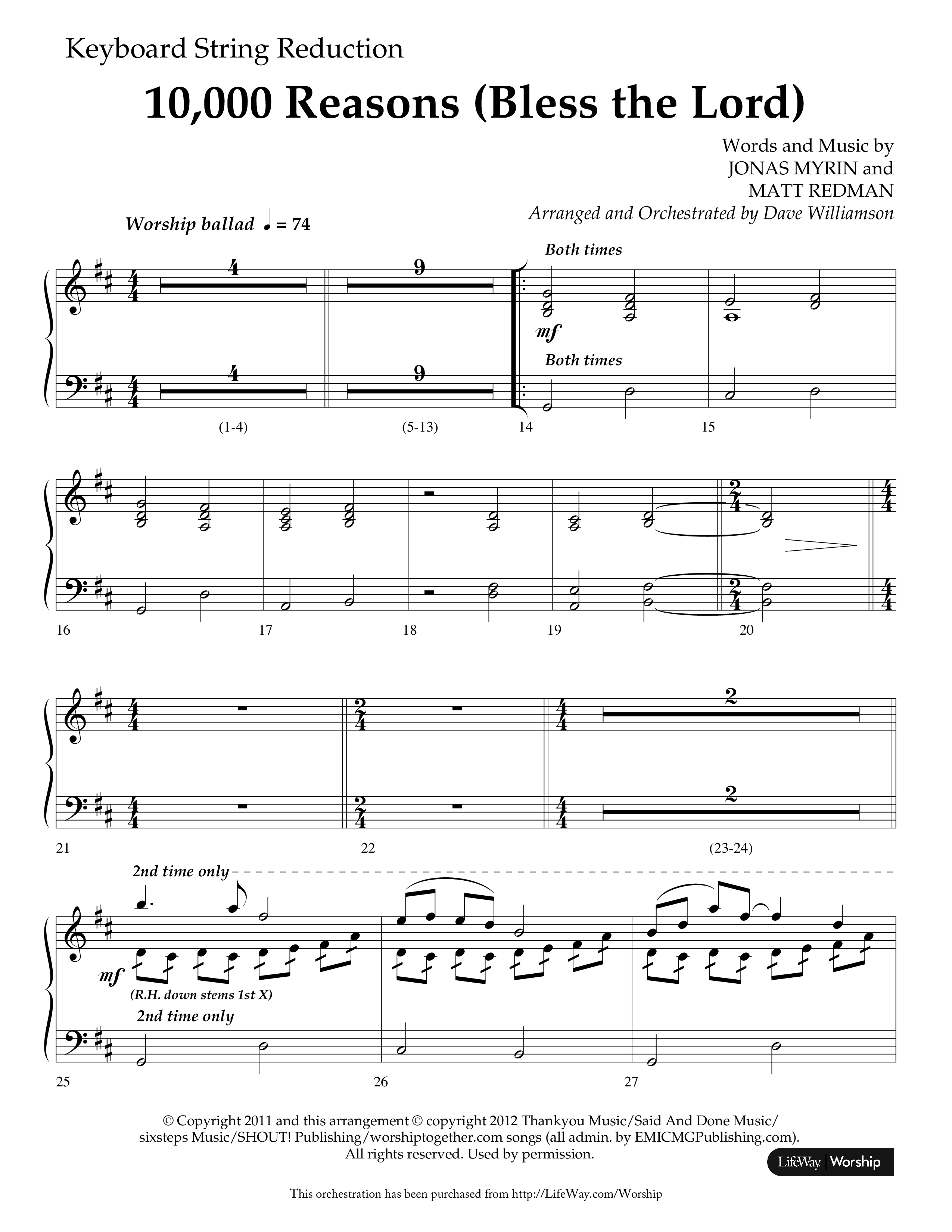 10,000 Reasons (Bless The Lord) (Choral Anthem SATB) String Reduction (Lifeway Choral / Arr. Dave Williamson)