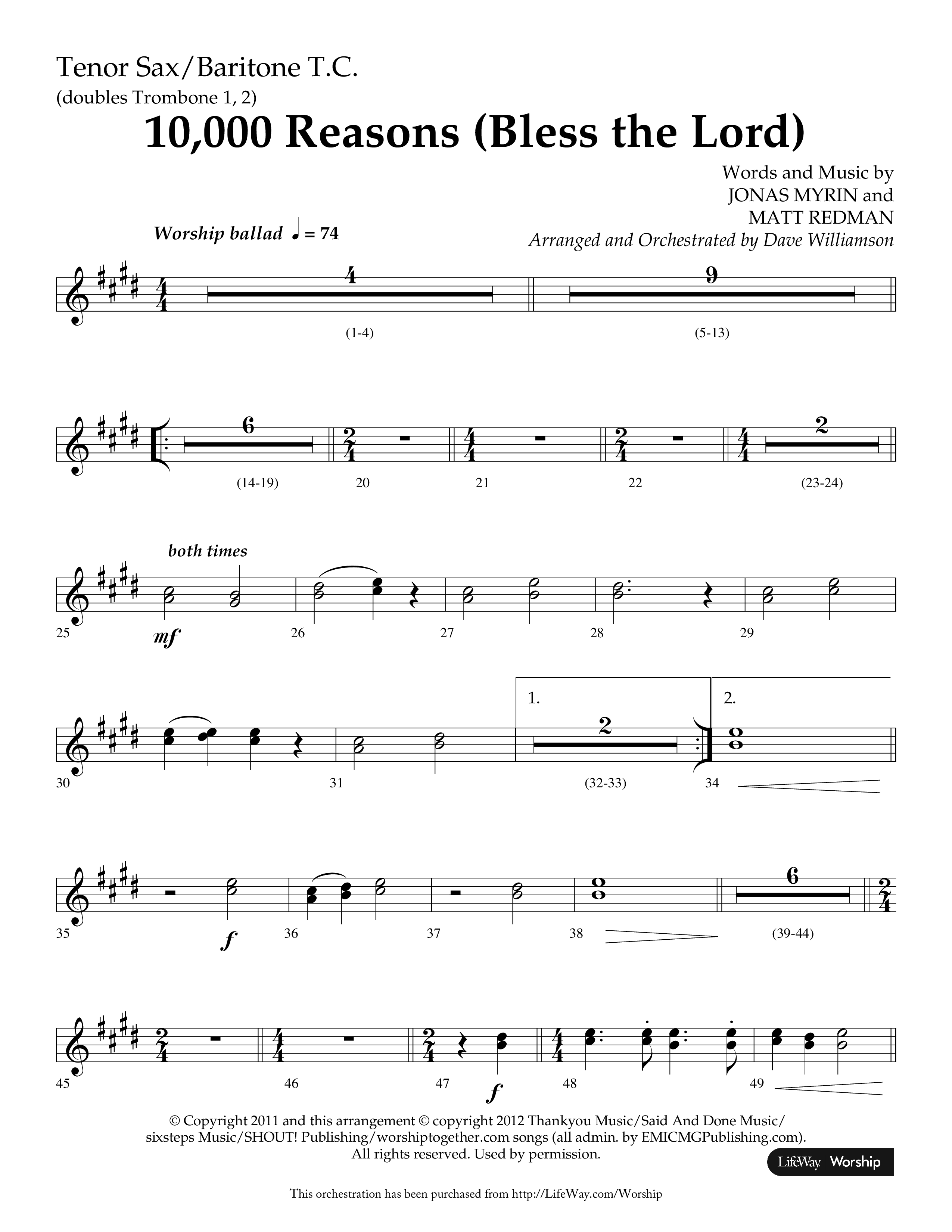10,000 Reasons (Bless The Lord) (Choral Anthem SATB) Tenor Sax/Baritone T.C. (Lifeway Choral / Arr. Dave Williamson)