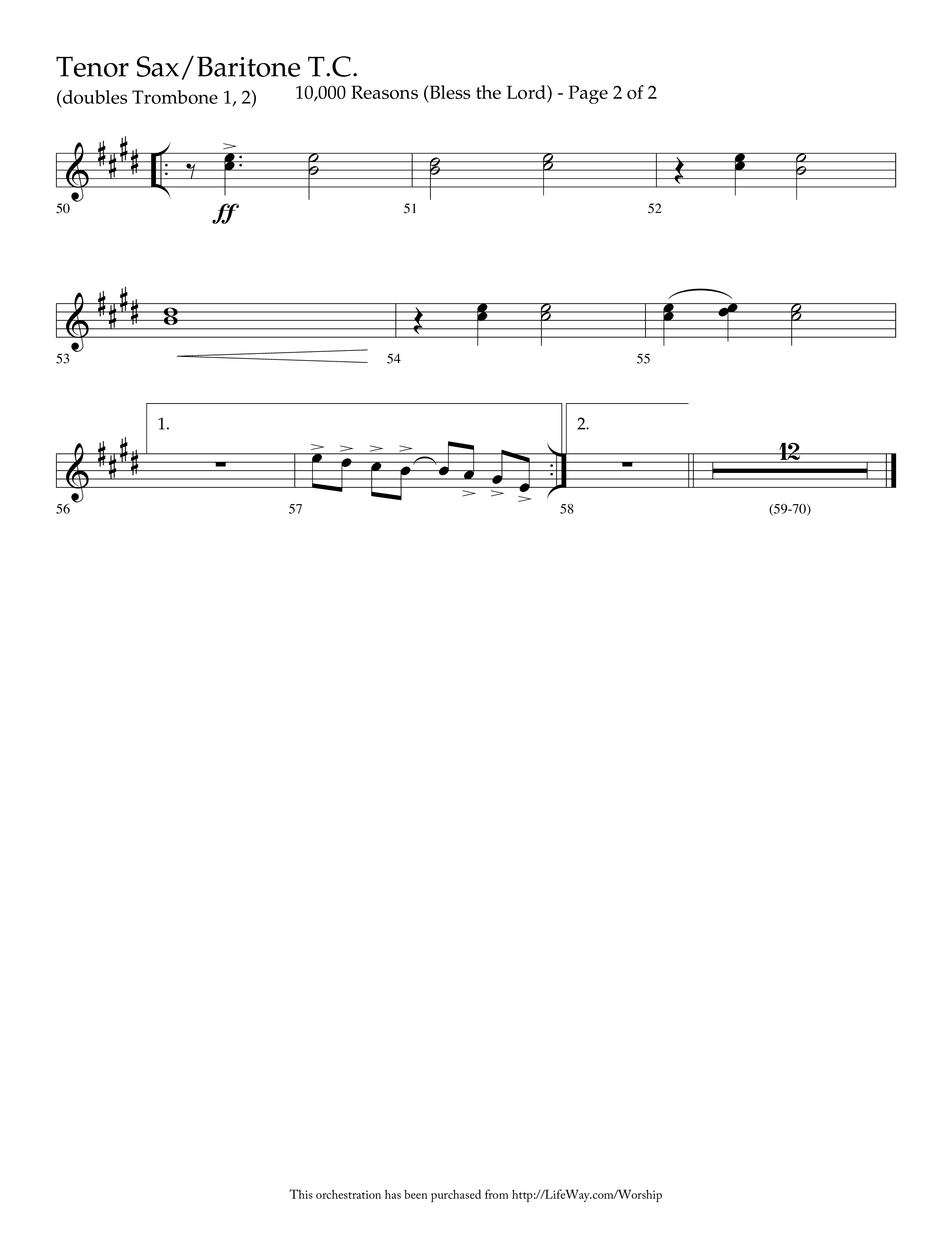 10,000 Reasons (Bless The Lord) (Choral Anthem SATB) Tenor Sax/Baritone T.C. (Lifeway Choral / Arr. Dave Williamson)