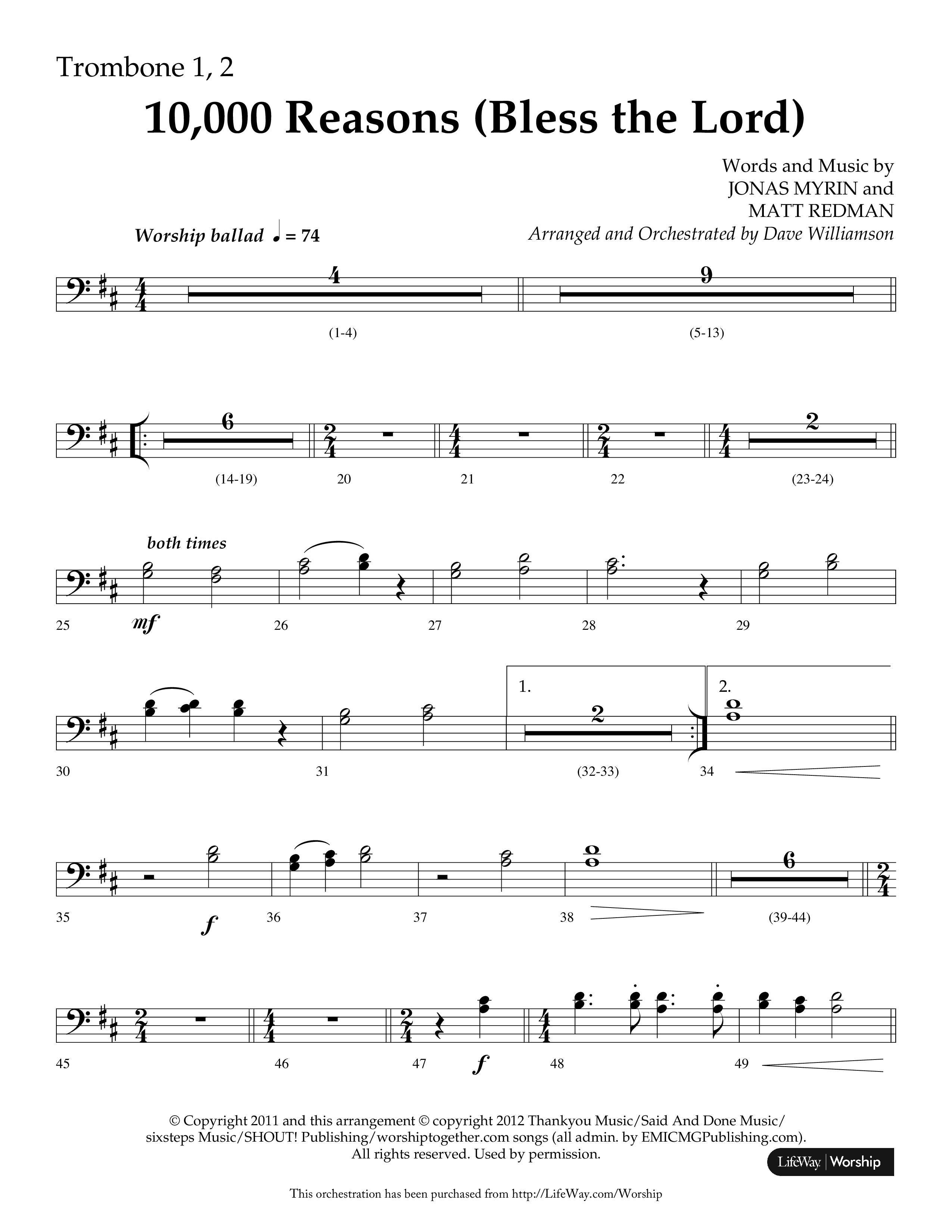 10,000 Reasons (Bless The Lord) (Choral Anthem SATB) Trombone 1/2 (Lifeway Choral / Arr. Dave Williamson)