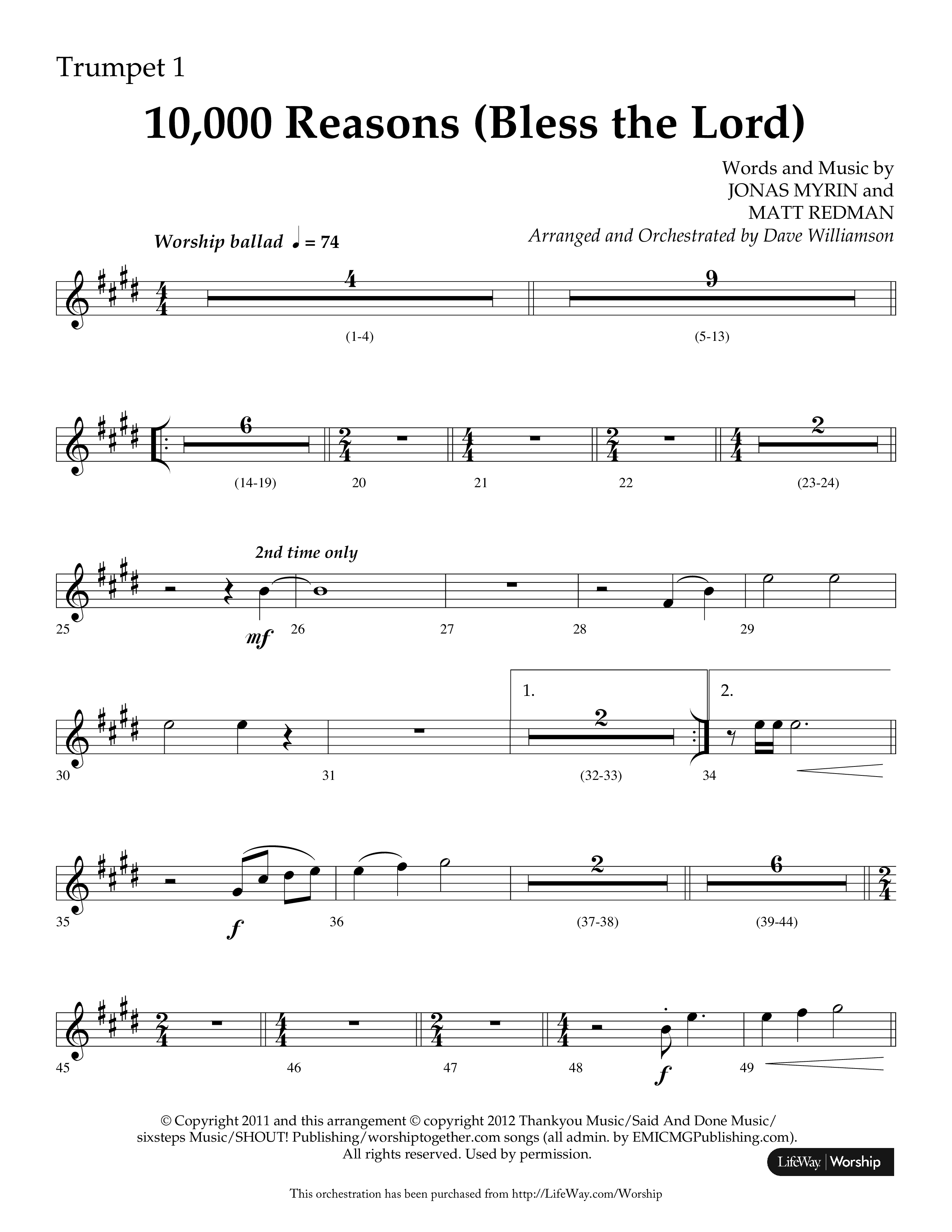 10,000 Reasons (Bless The Lord) (Choral Anthem SATB) Trumpet 1 (Lifeway Choral / Arr. Dave Williamson)