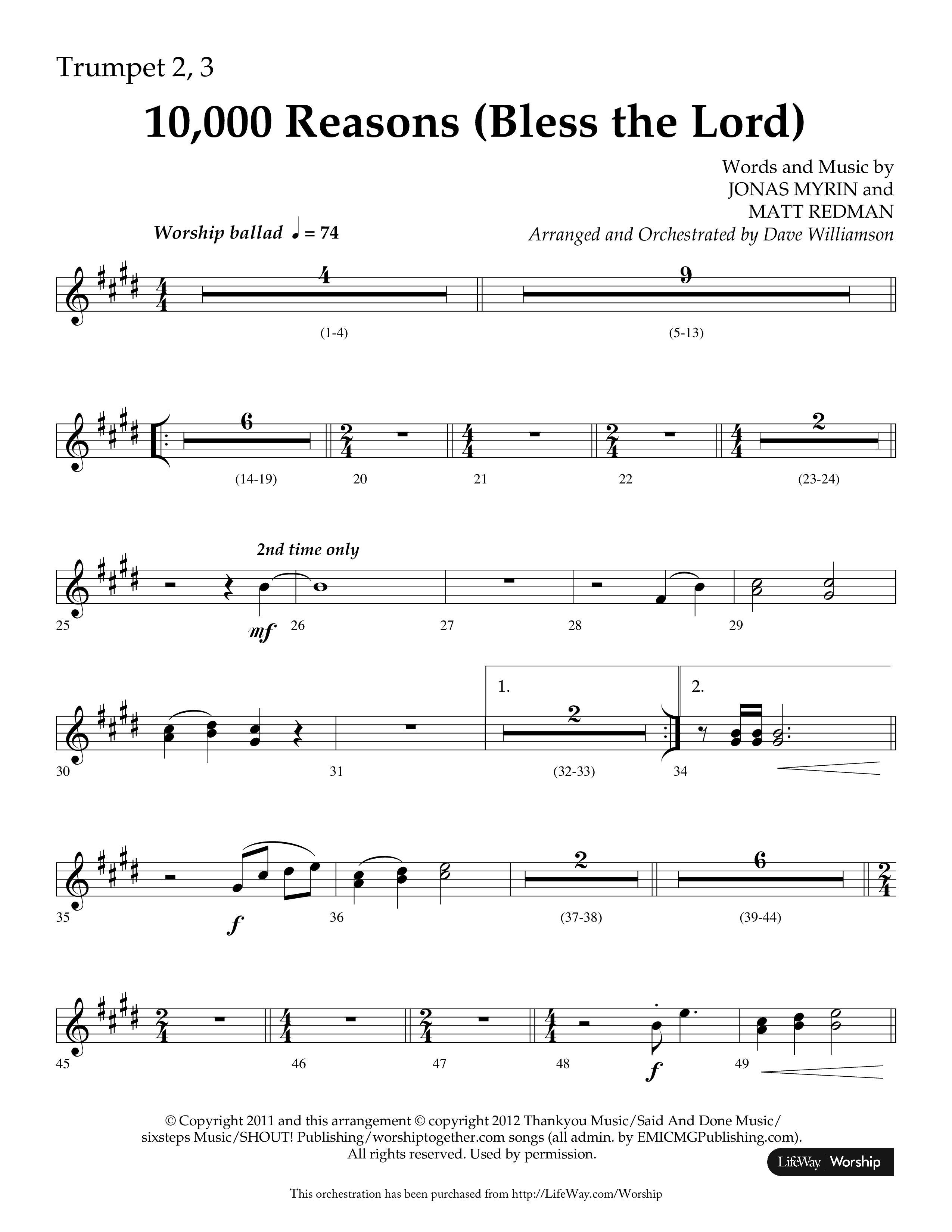 10,000 Reasons (Bless The Lord) (Choral Anthem SATB) Trumpet 2/3 (Lifeway Choral / Arr. Dave Williamson)