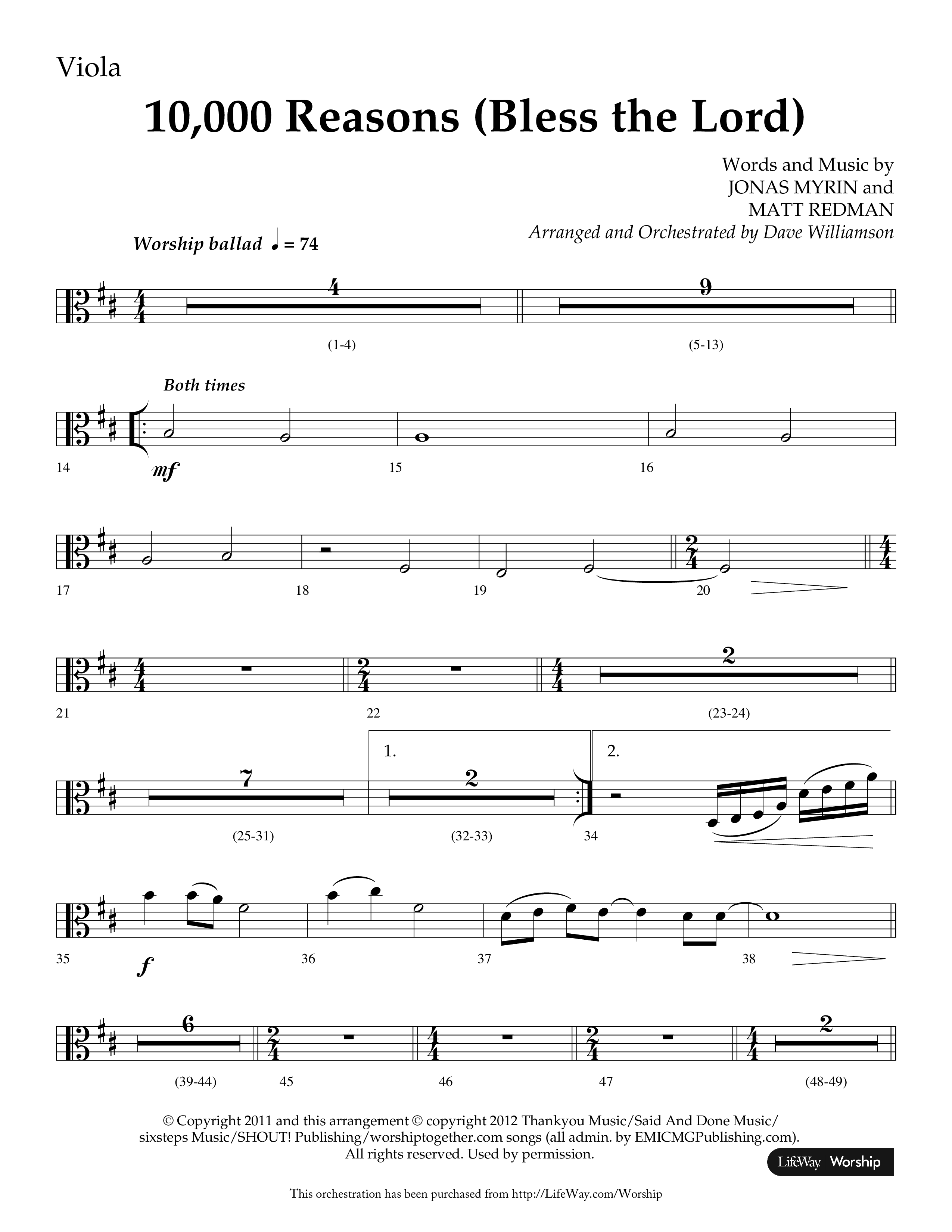 10,000 Reasons (Bless The Lord) (Choral Anthem SATB) Viola (Lifeway Choral / Arr. Dave Williamson)