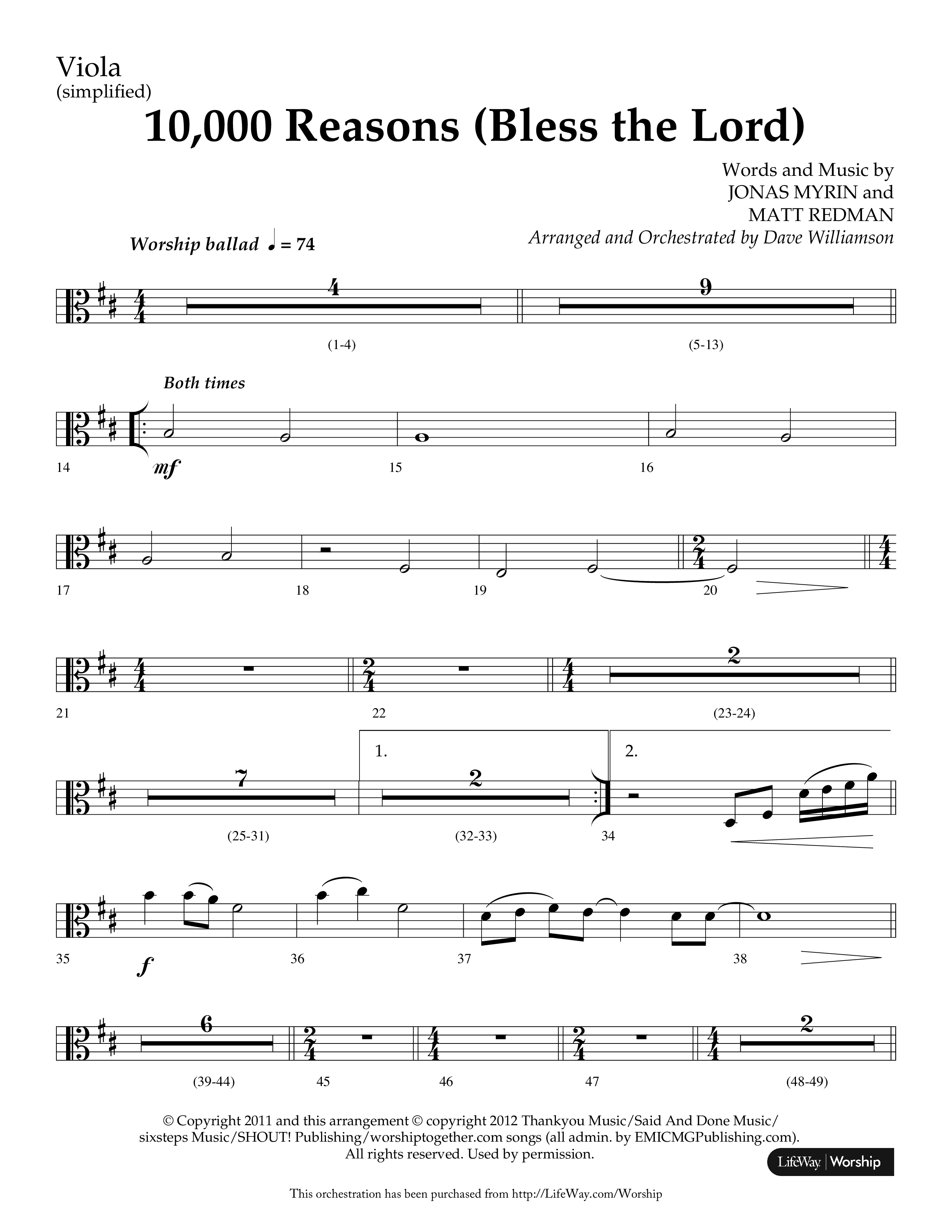 10,000 Reasons (Bless The Lord) (Choral Anthem SATB) Viola (Lifeway Choral / Arr. Dave Williamson)