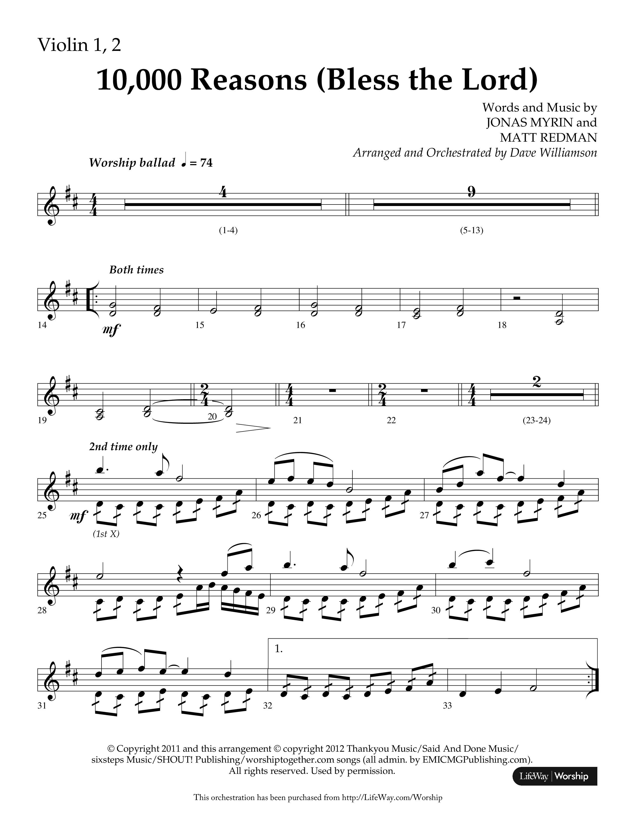 10,000 Reasons (Bless The Lord) (Choral Anthem SATB) Violin 1/2 (Lifeway Choral / Arr. Dave Williamson)