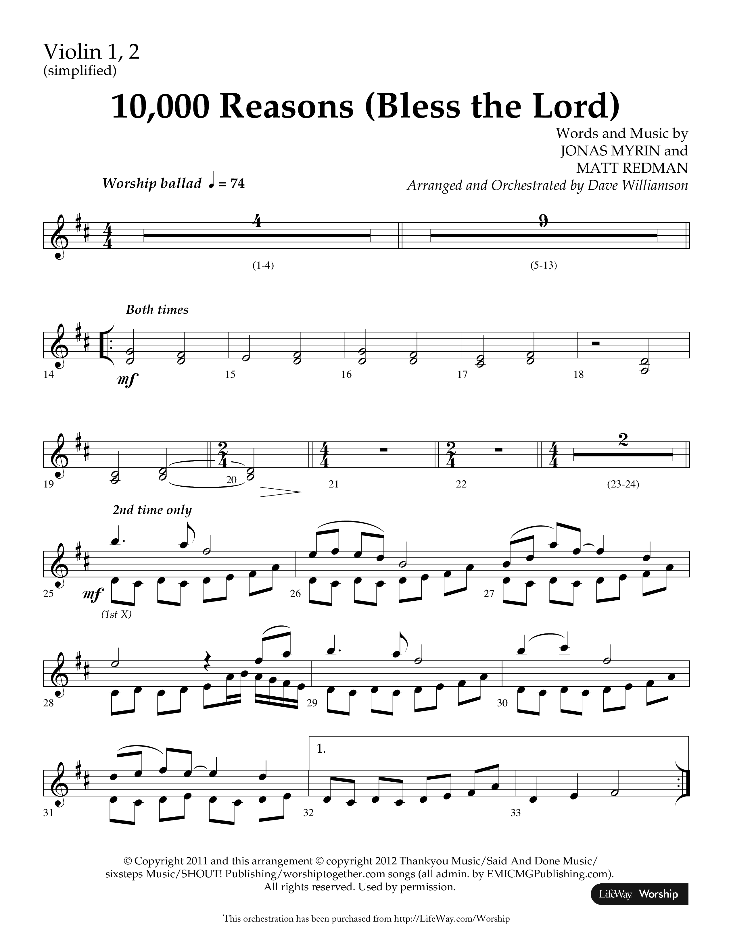 10,000 Reasons (Bless The Lord) (Choral Anthem SATB) Violin 1/2 (Lifeway Choral / Arr. Dave Williamson)
