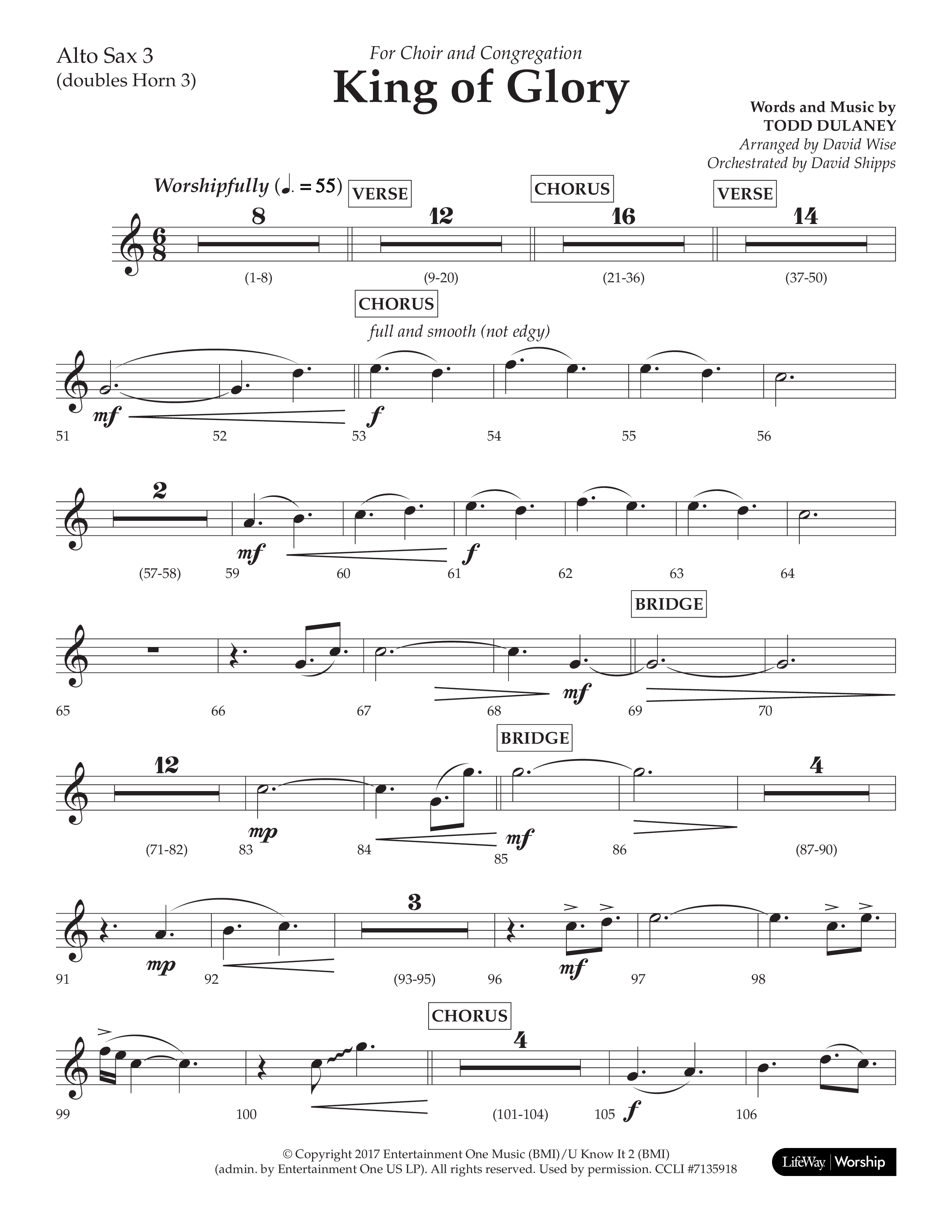 King Of Glory (Choral Anthem SATB) Alto Sax (Lifeway Choral / Arr. David Wise / Orch. David Shipps)
