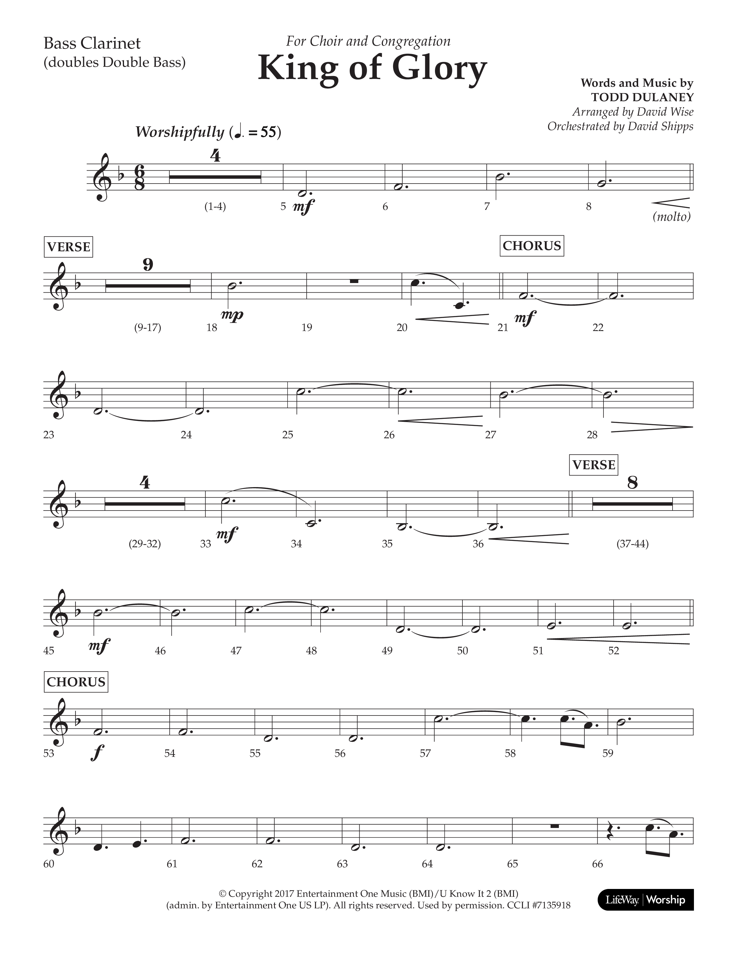 King Of Glory (Choral Anthem SATB) Bass Clarinet (Lifeway Choral / Arr. David Wise / Orch. David Shipps)