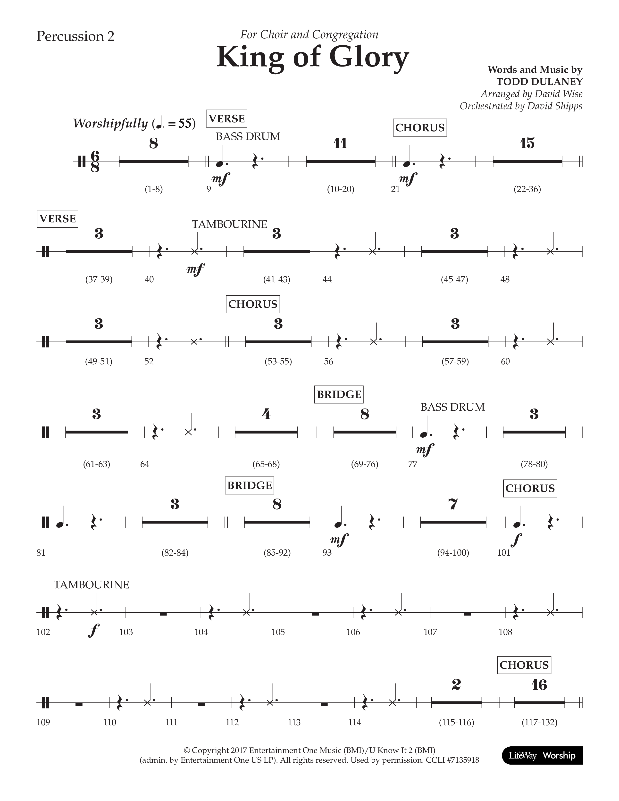 King Of Glory (Choral Anthem SATB) Percussion 1/2 (Lifeway Choral / Arr. David Wise / Orch. David Shipps)