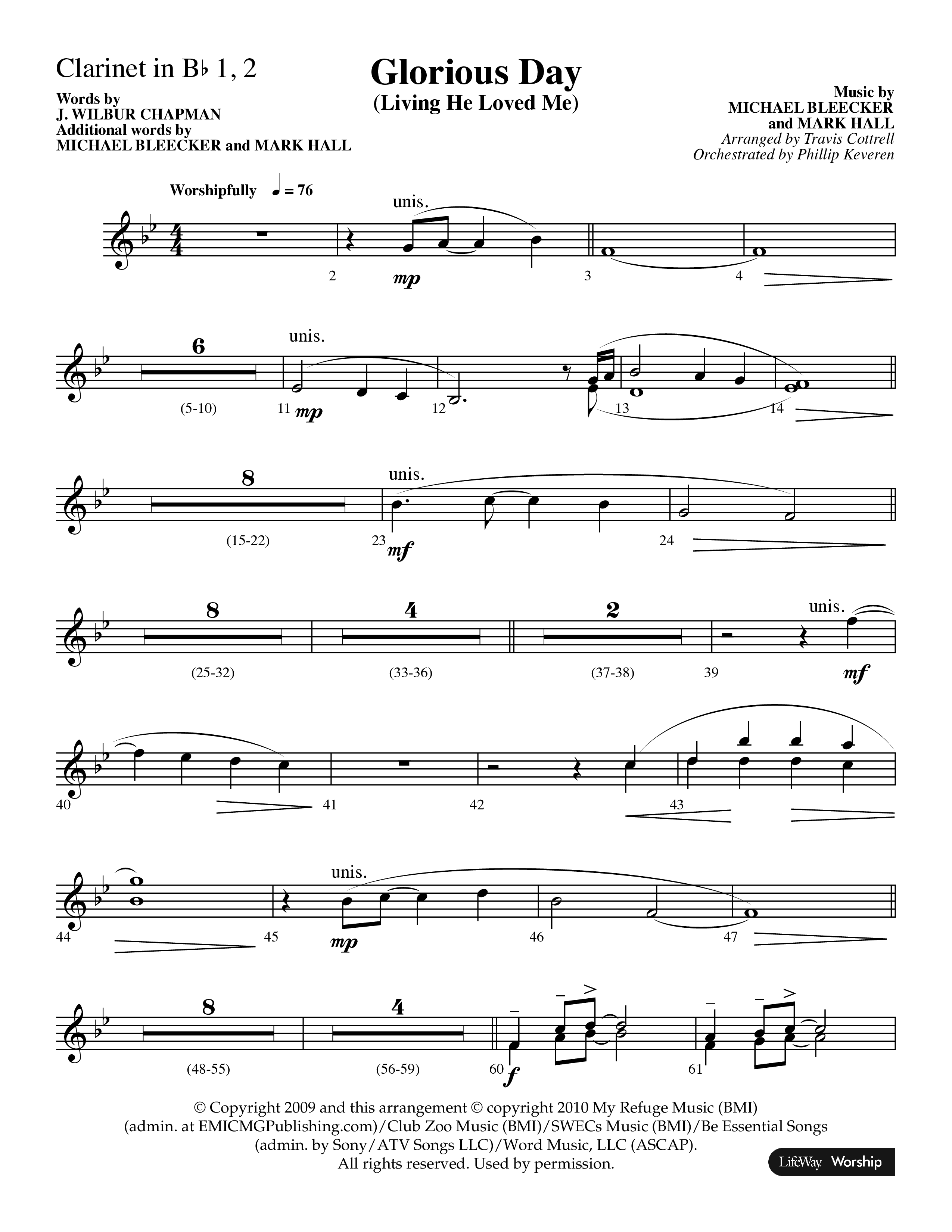 Glorious Day (Living He Loved Me) (Choral Anthem SATB) Clarinet 1/2 (Lifeway Choral / Arr. Travis Cottrell / Orch. Phillip Keveren)