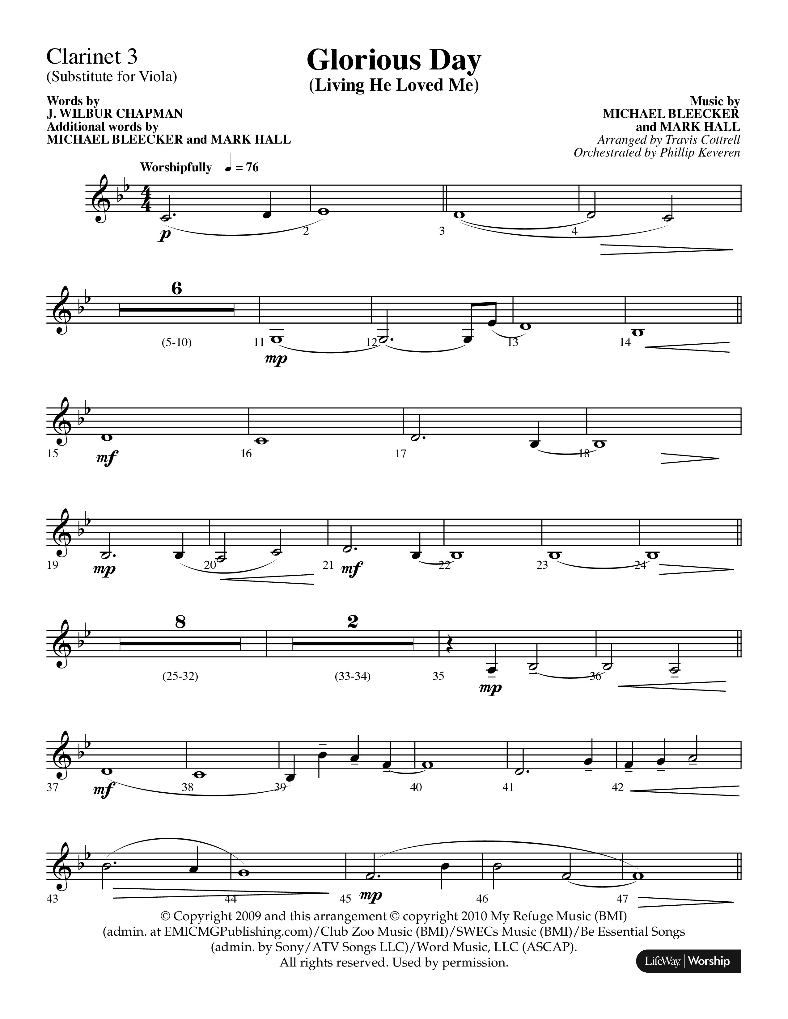 Glorious Day (Living He Loved Me) (Choral Anthem SATB) Clarinet 3 (Lifeway Choral / Arr. Travis Cottrell / Orch. Phillip Keveren)