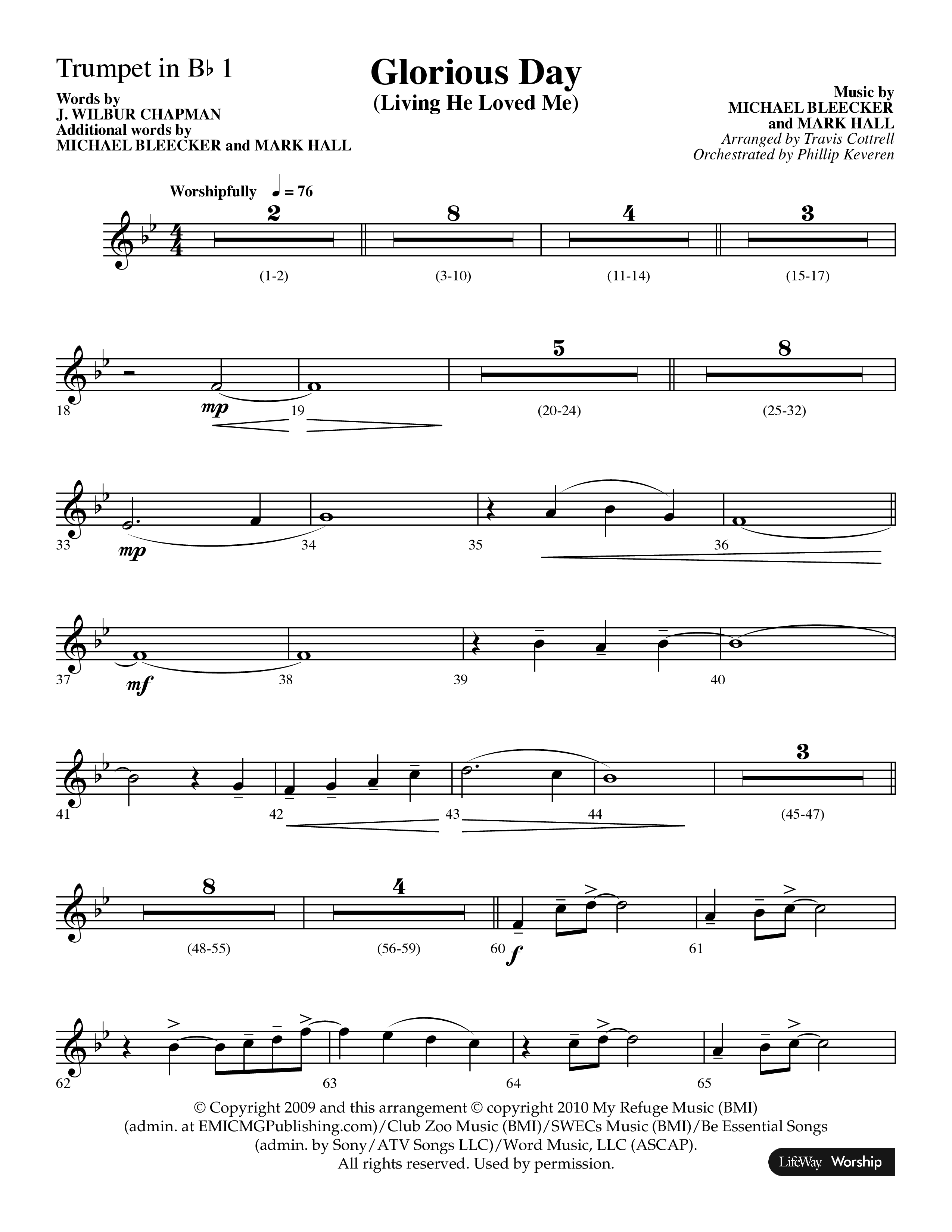 Glorious Day (Living He Loved Me) (Choral Anthem SATB) Trumpet 1 (Lifeway Choral / Arr. Travis Cottrell / Orch. Phillip Keveren)