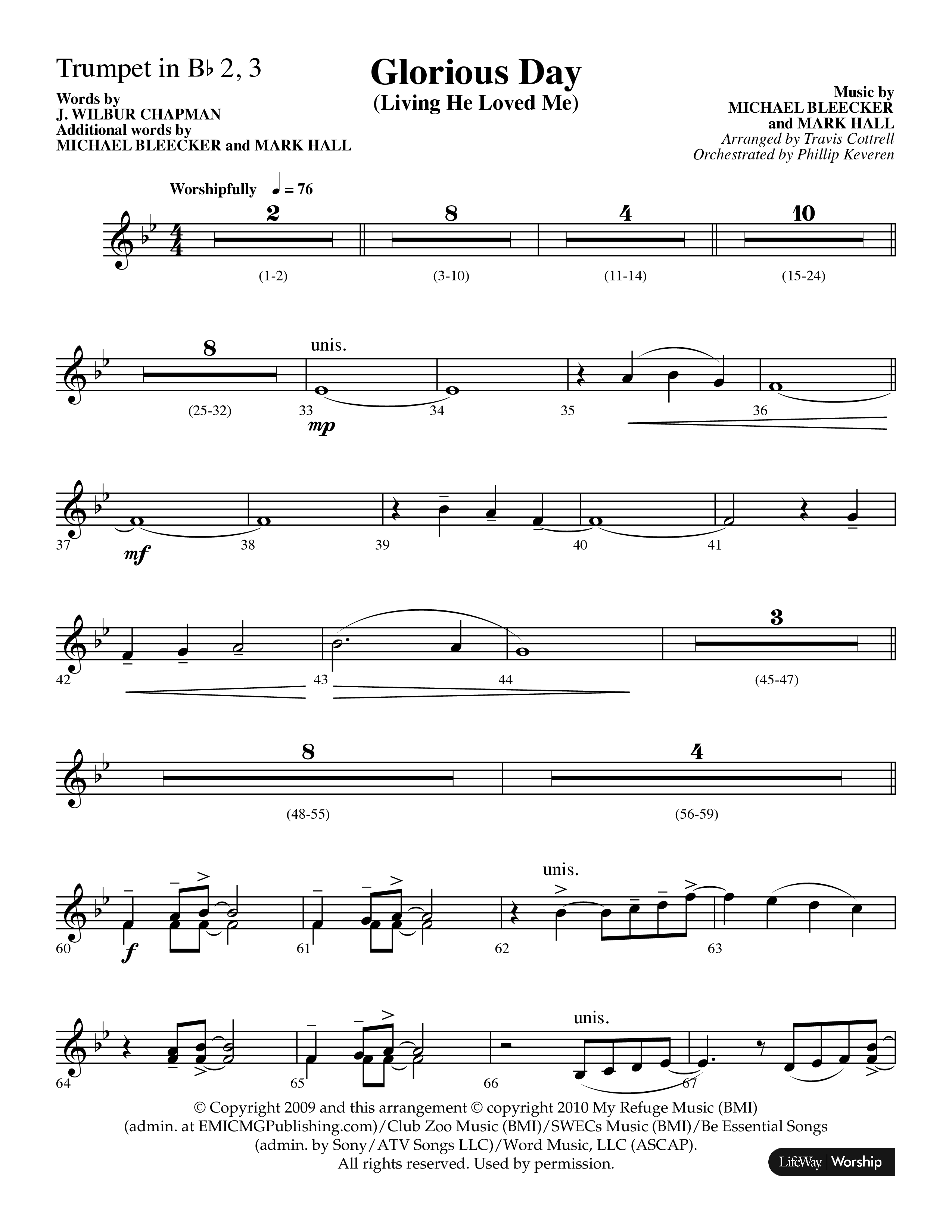Glorious Day (Living He Loved Me) (Choral Anthem SATB) Trumpet 2/3 (Lifeway Choral / Arr. Travis Cottrell / Orch. Phillip Keveren)