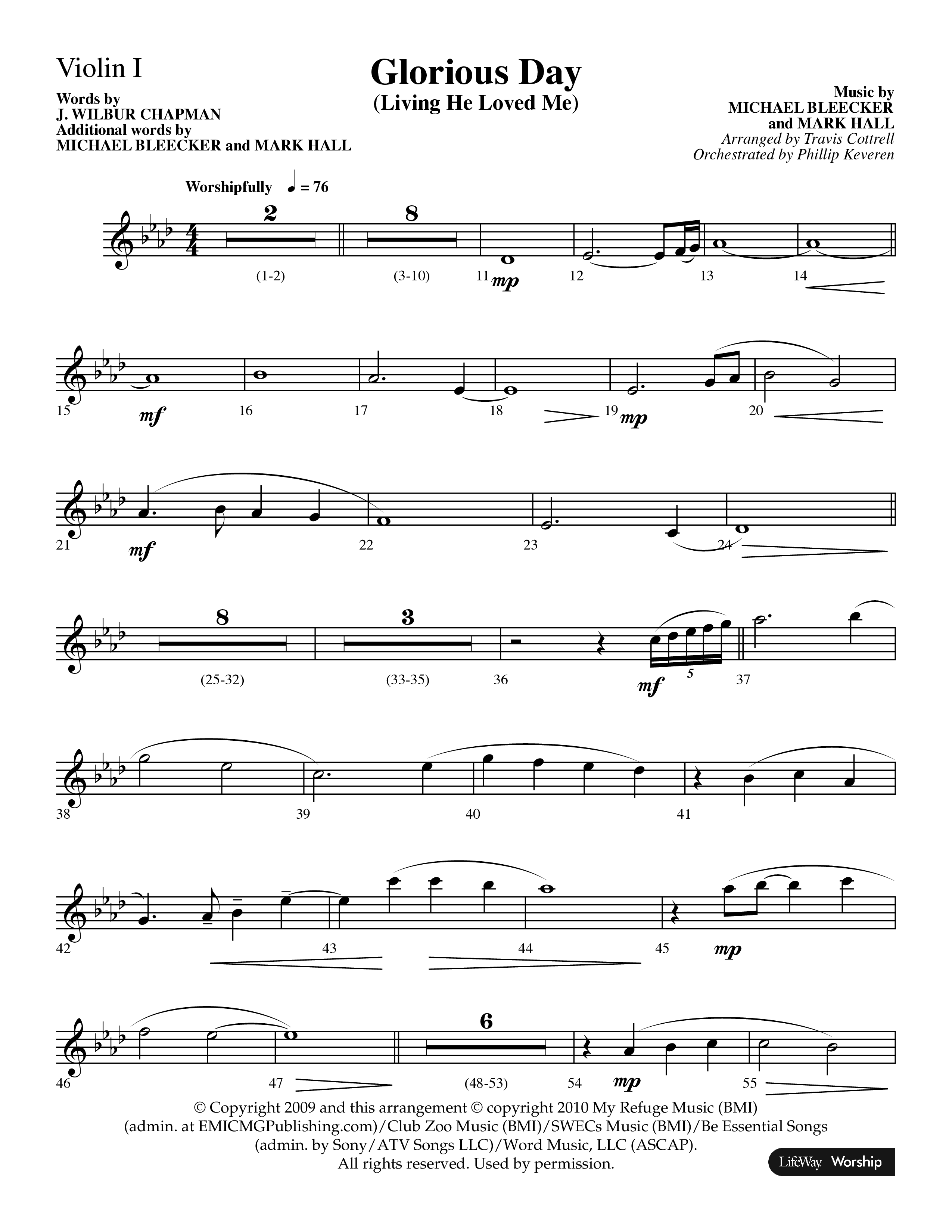 Glorious Day (Living He Loved Me) (Choral Anthem SATB) Violin 1 (Lifeway Choral / Arr. Travis Cottrell / Orch. Phillip Keveren)