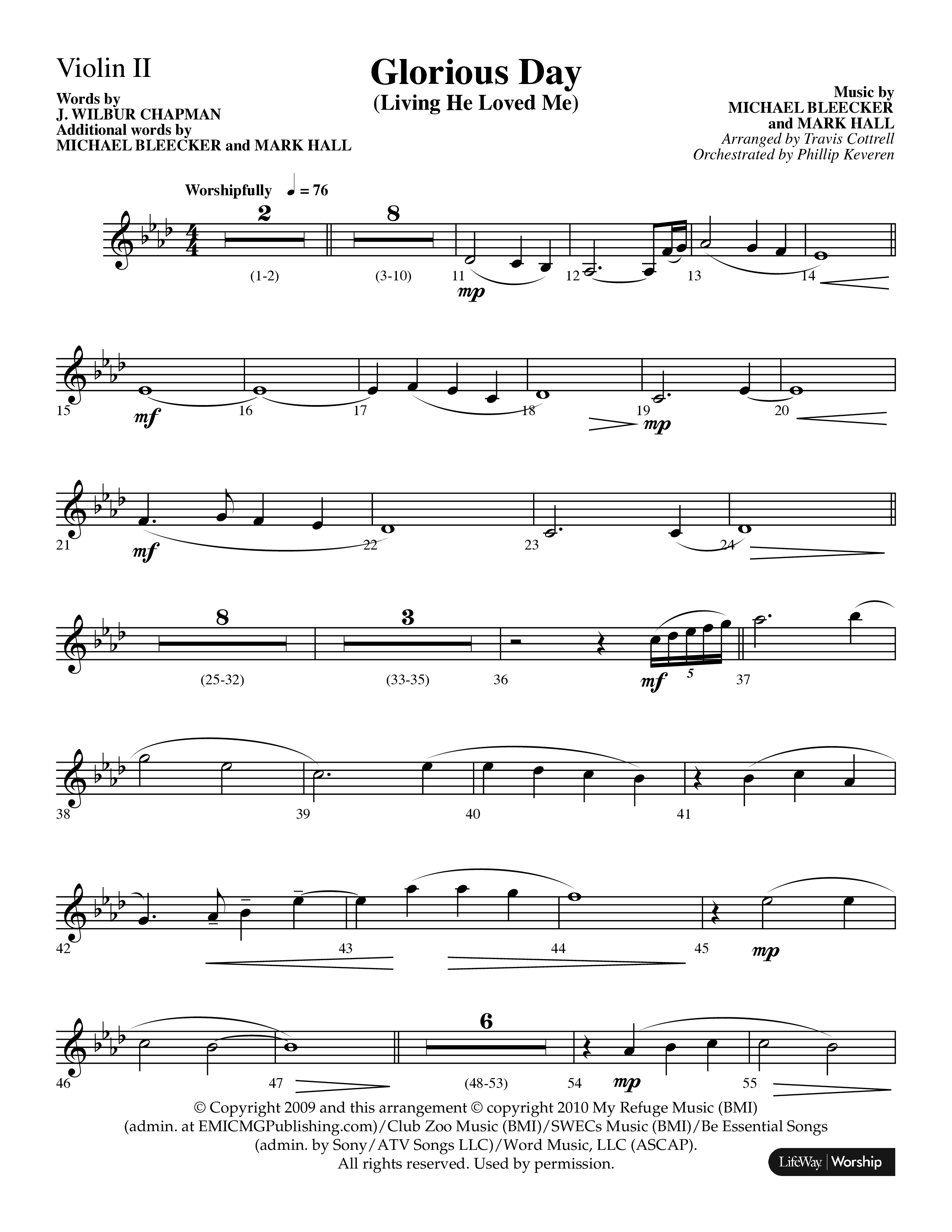 Glorious Day (Living He Loved Me) (Choral Anthem SATB) Violin 2 (Lifeway Choral / Arr. Travis Cottrell / Orch. Phillip Keveren)