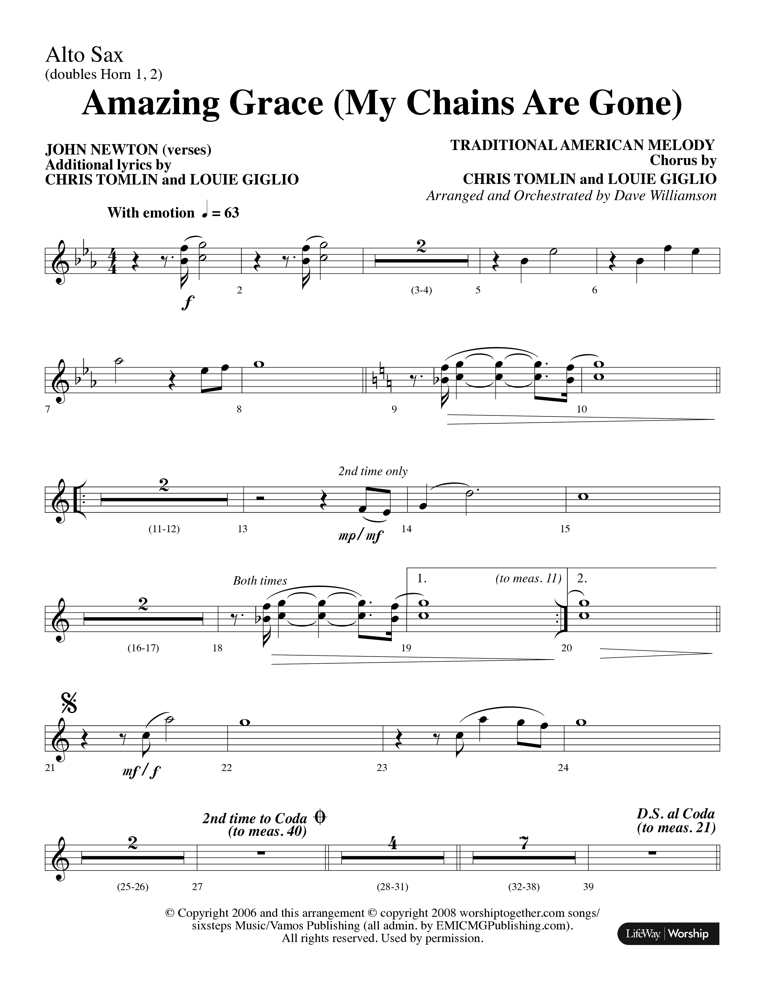 Amazing Grace (My Chains Are Gone) (Choral Anthem SATB) Alto Sax (Lifeway Choral / Arr. Dave Williamson)