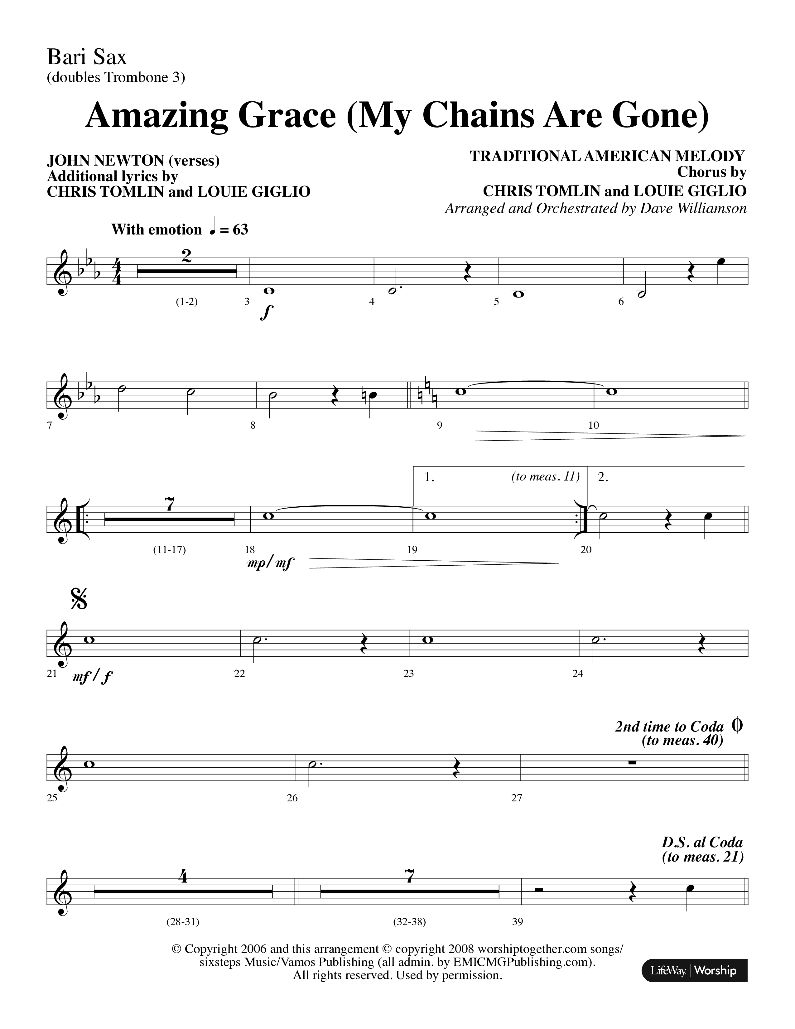 Amazing Grace (My Chains Are Gone) (Choral Anthem SATB) Bari Sax (Lifeway Choral / Arr. Dave Williamson)