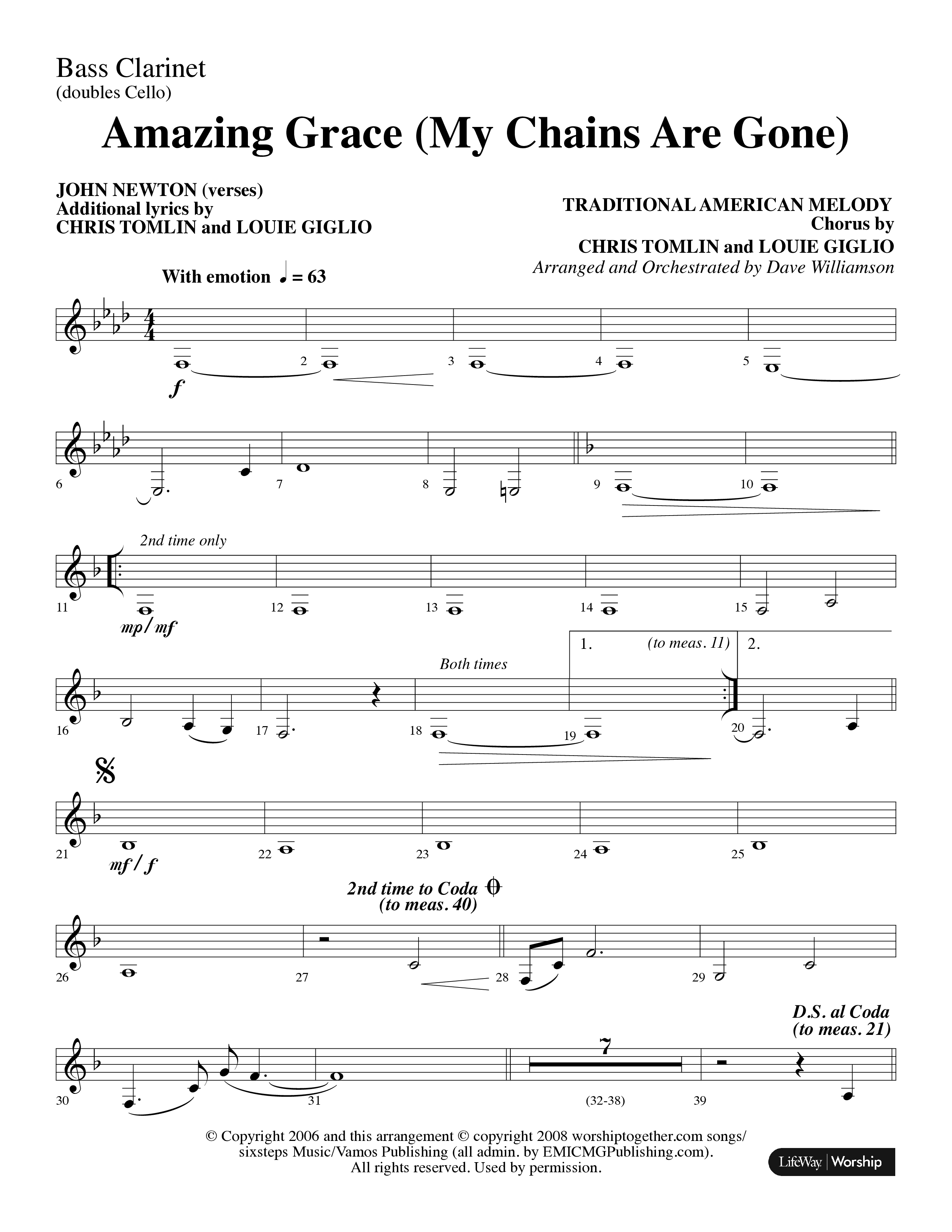 Amazing Grace (My Chains Are Gone) (Choral Anthem SATB) Bass Clarinet (Lifeway Choral / Arr. Dave Williamson)