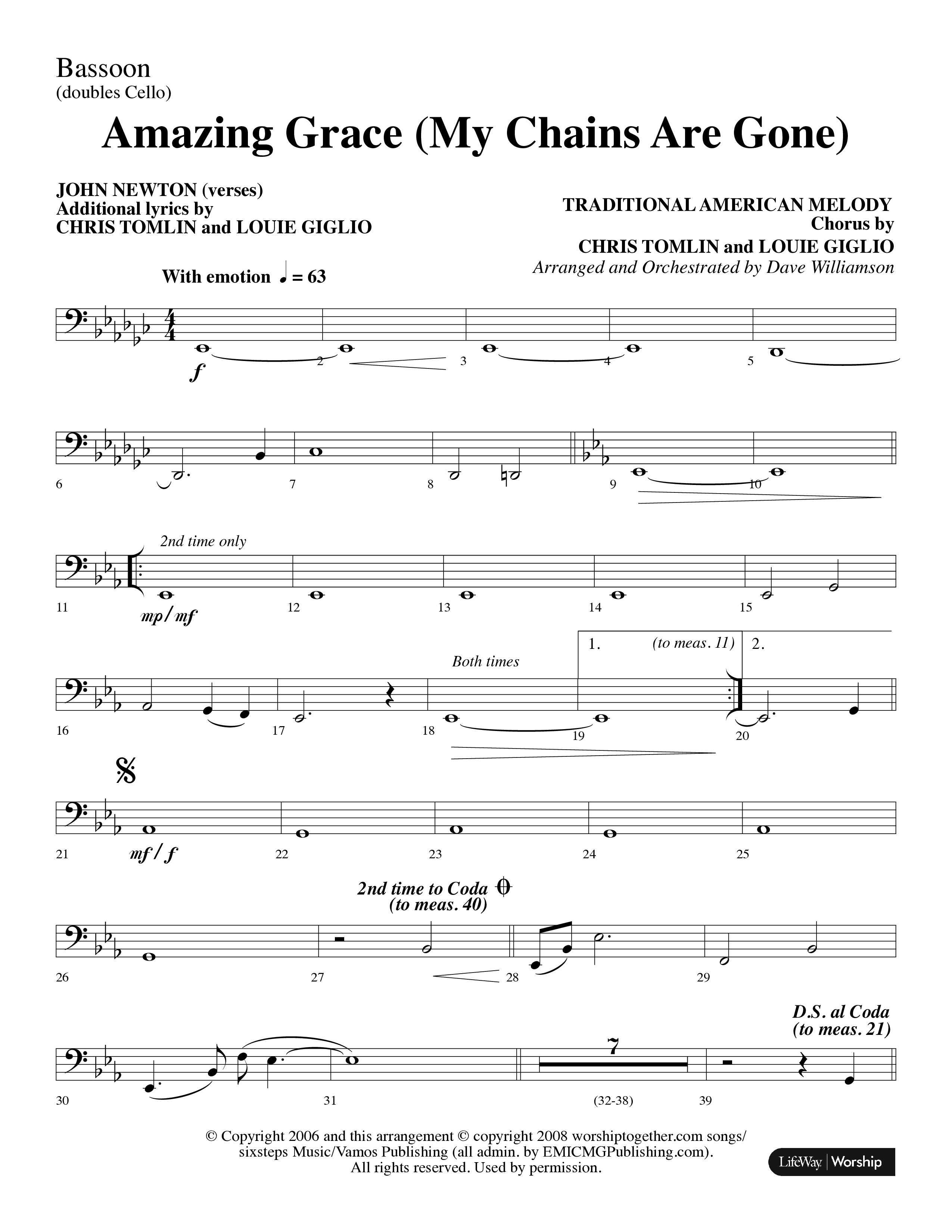 Amazing Grace (My Chains Are Gone) (Choral Anthem SATB) Bassoon (Lifeway Choral / Arr. Dave Williamson)