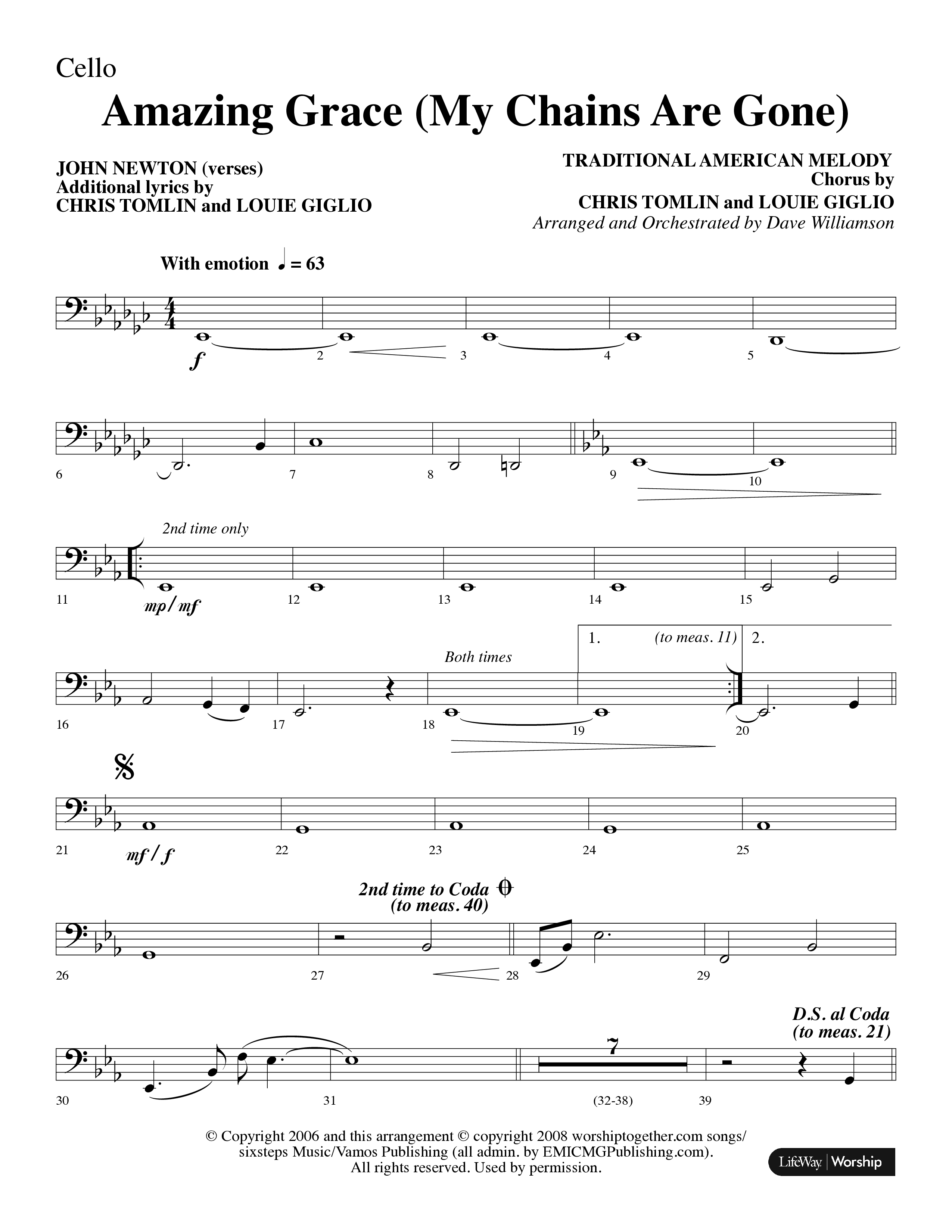Amazing Grace (My Chains Are Gone) (Choral Anthem SATB) Cello (Lifeway Choral / Arr. Dave Williamson)