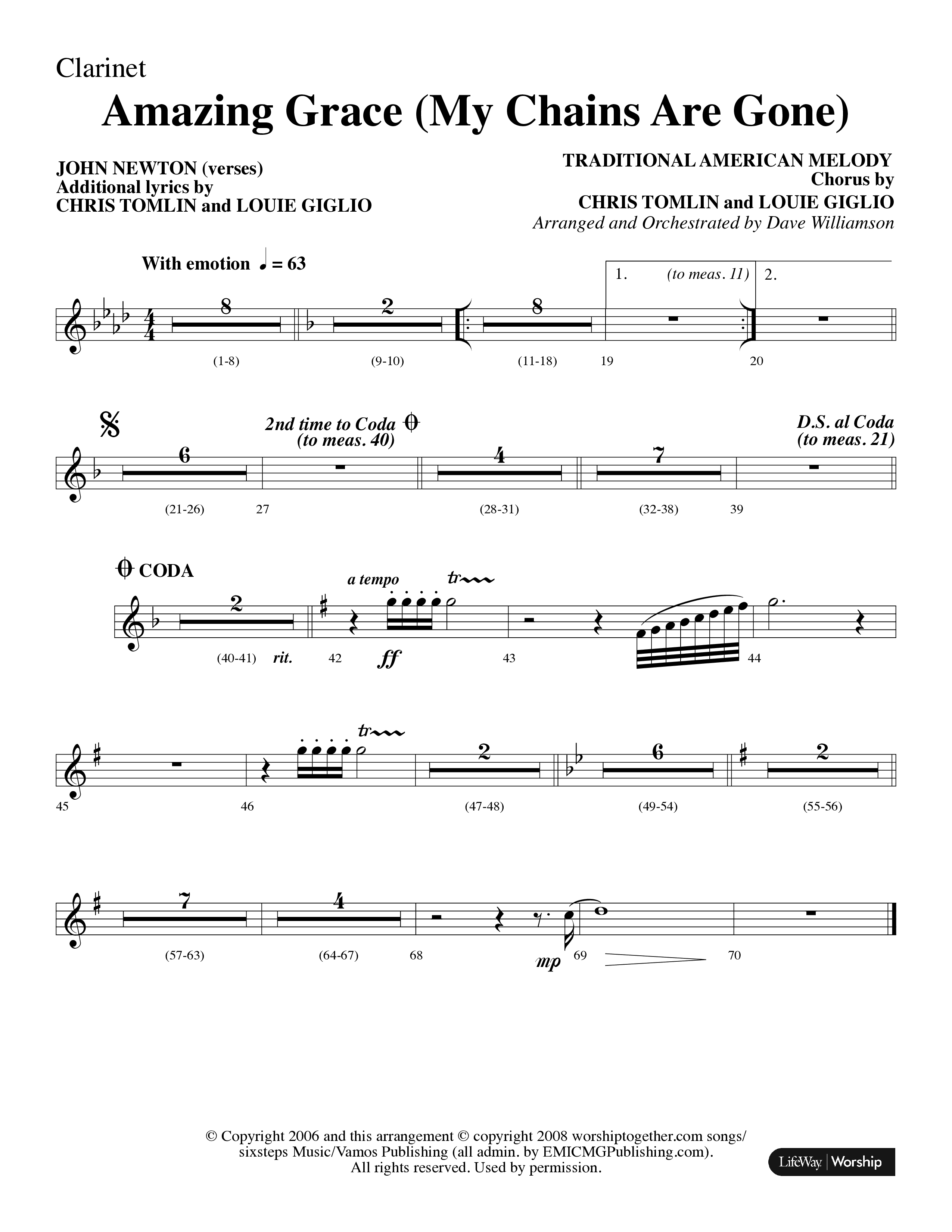 Amazing Grace (My Chains Are Gone) (Choral Anthem SATB) Clarinet 1/2 (Lifeway Choral / Arr. Dave Williamson)