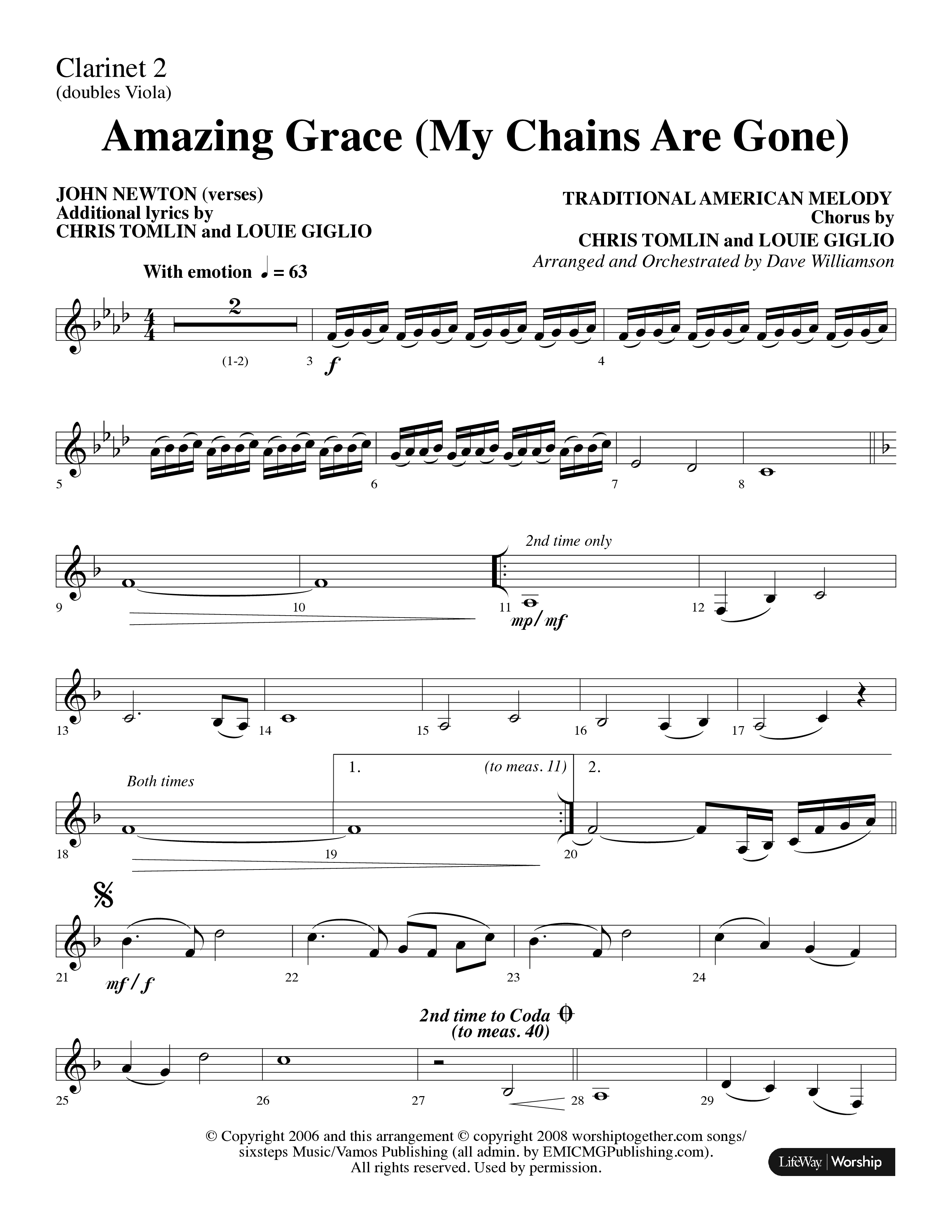 Amazing Grace (My Chains Are Gone) (Choral Anthem SATB) Clarinet 1/2 (Lifeway Choral / Arr. Dave Williamson)