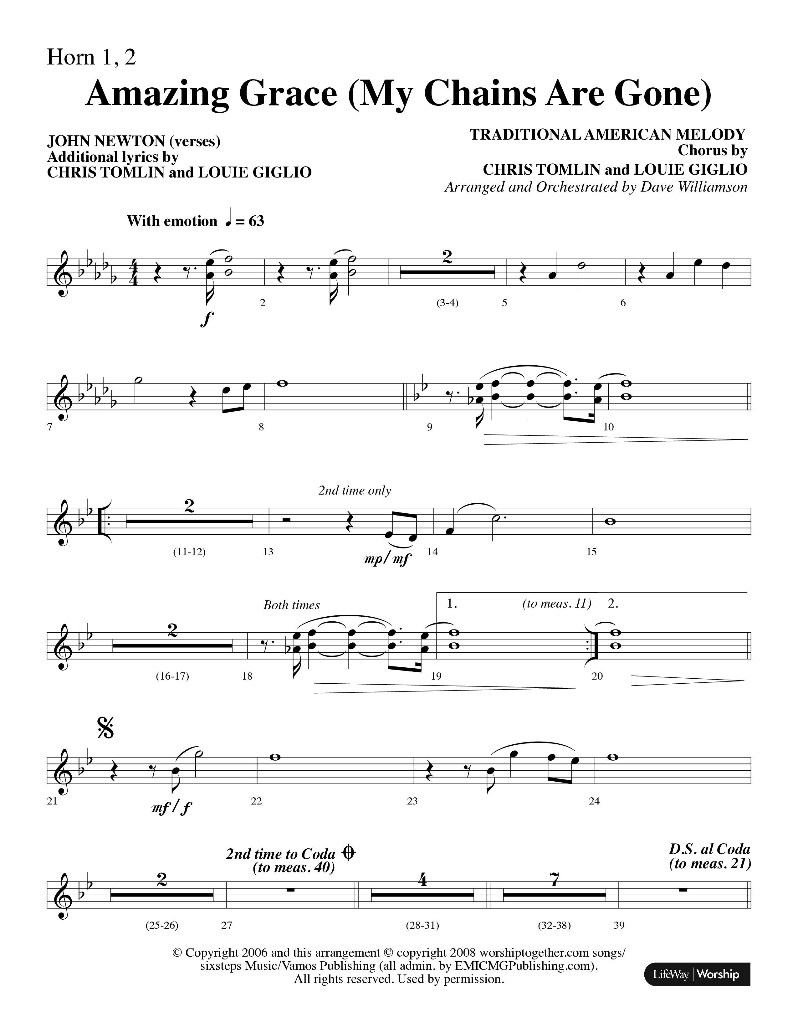 Amazing Grace (My Chains Are Gone) (Choral Anthem SATB) French Horn 1/2 (Lifeway Choral / Arr. Dave Williamson)