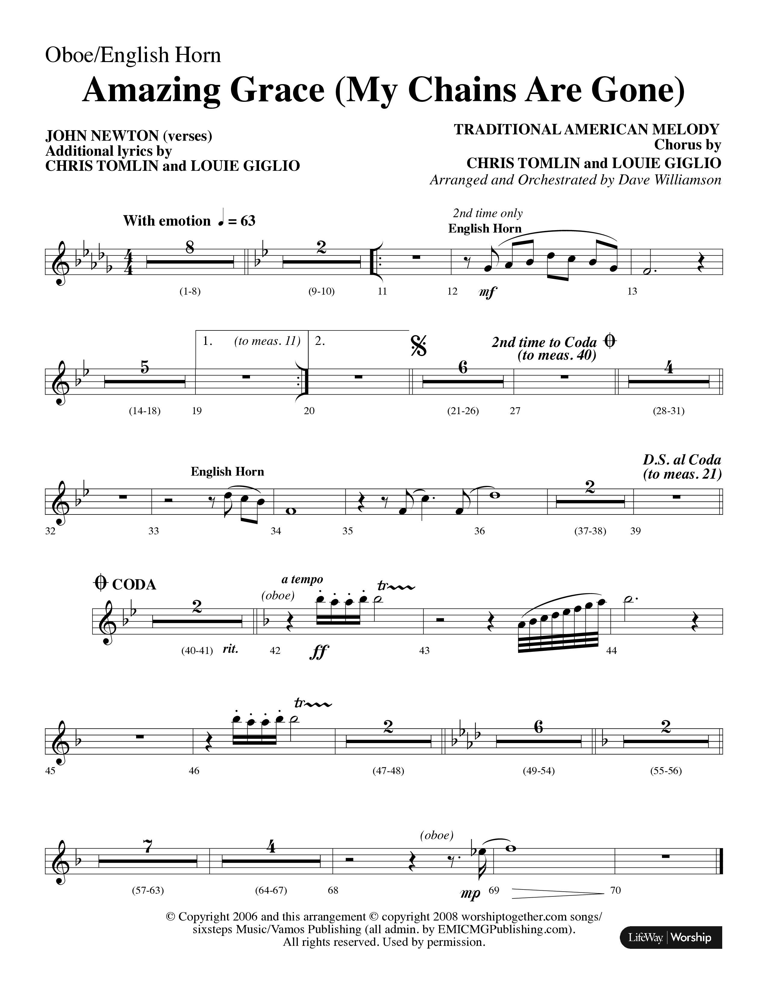Amazing Grace (My Chains Are Gone) (Choral Anthem SATB) Oboe (Lifeway Choral / Arr. Dave Williamson)