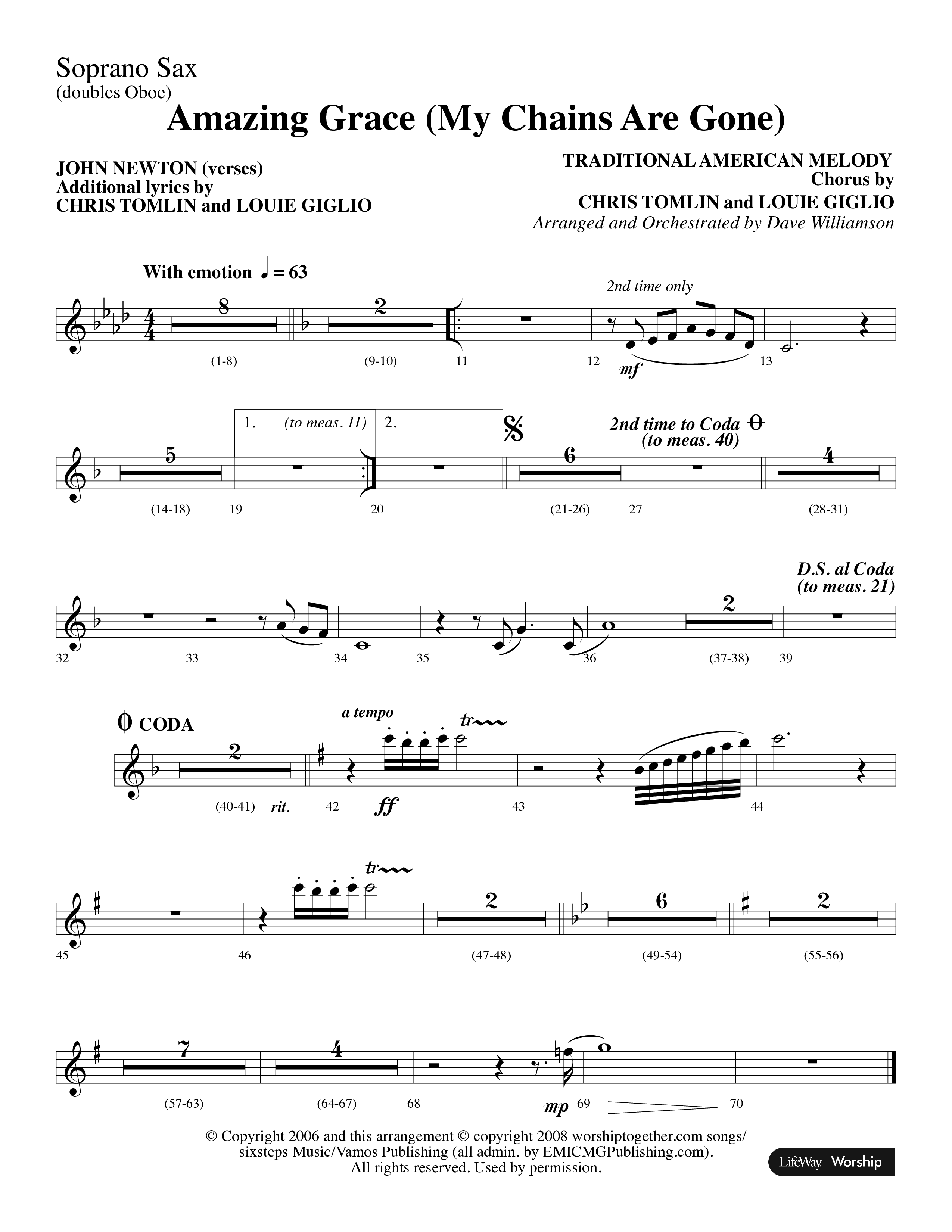 Amazing Grace (My Chains Are Gone) (Choral Anthem SATB) Soprano Sax (Lifeway Choral / Arr. Dave Williamson)