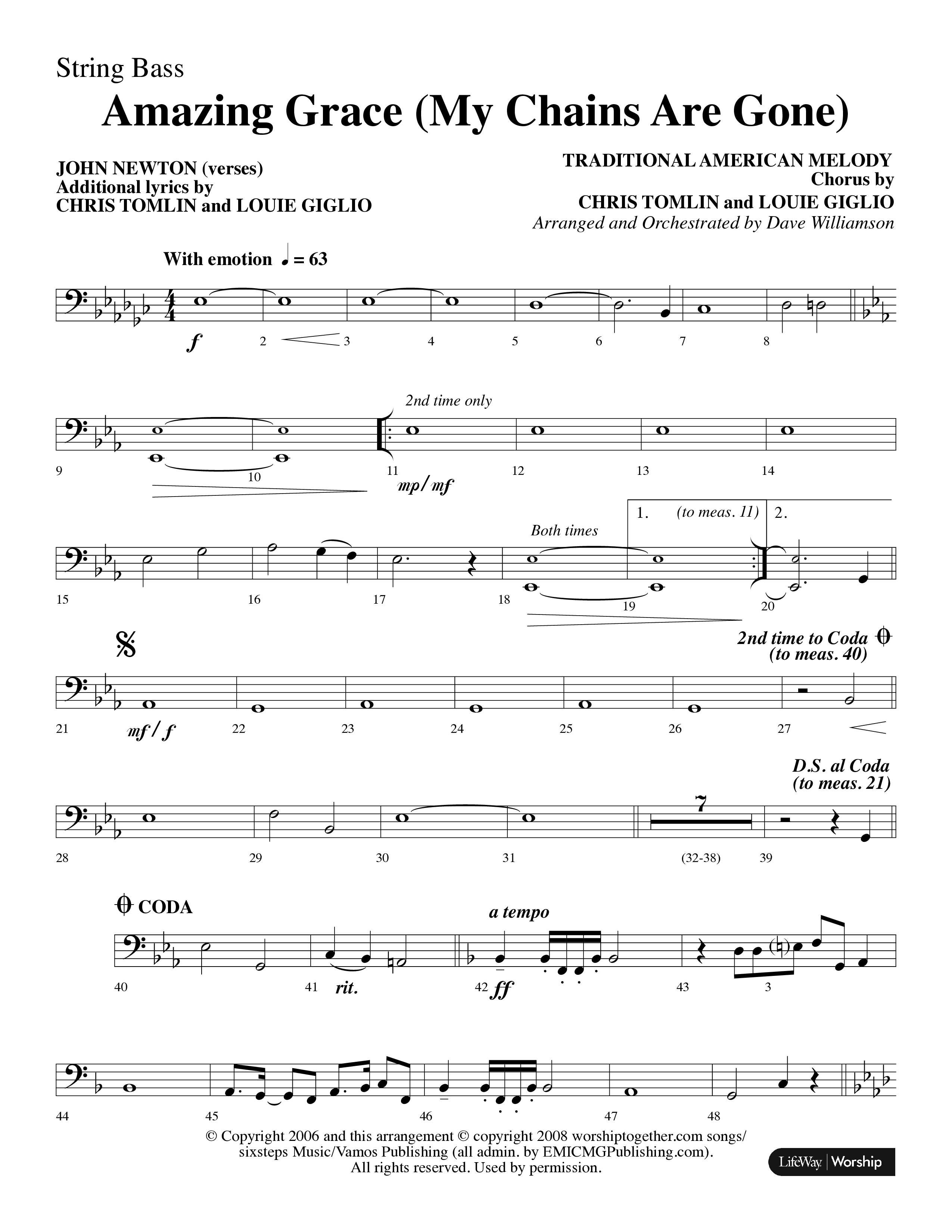 Amazing Grace (My Chains Are Gone) (Choral Anthem SATB) String Bass (Lifeway Choral / Arr. Dave Williamson)