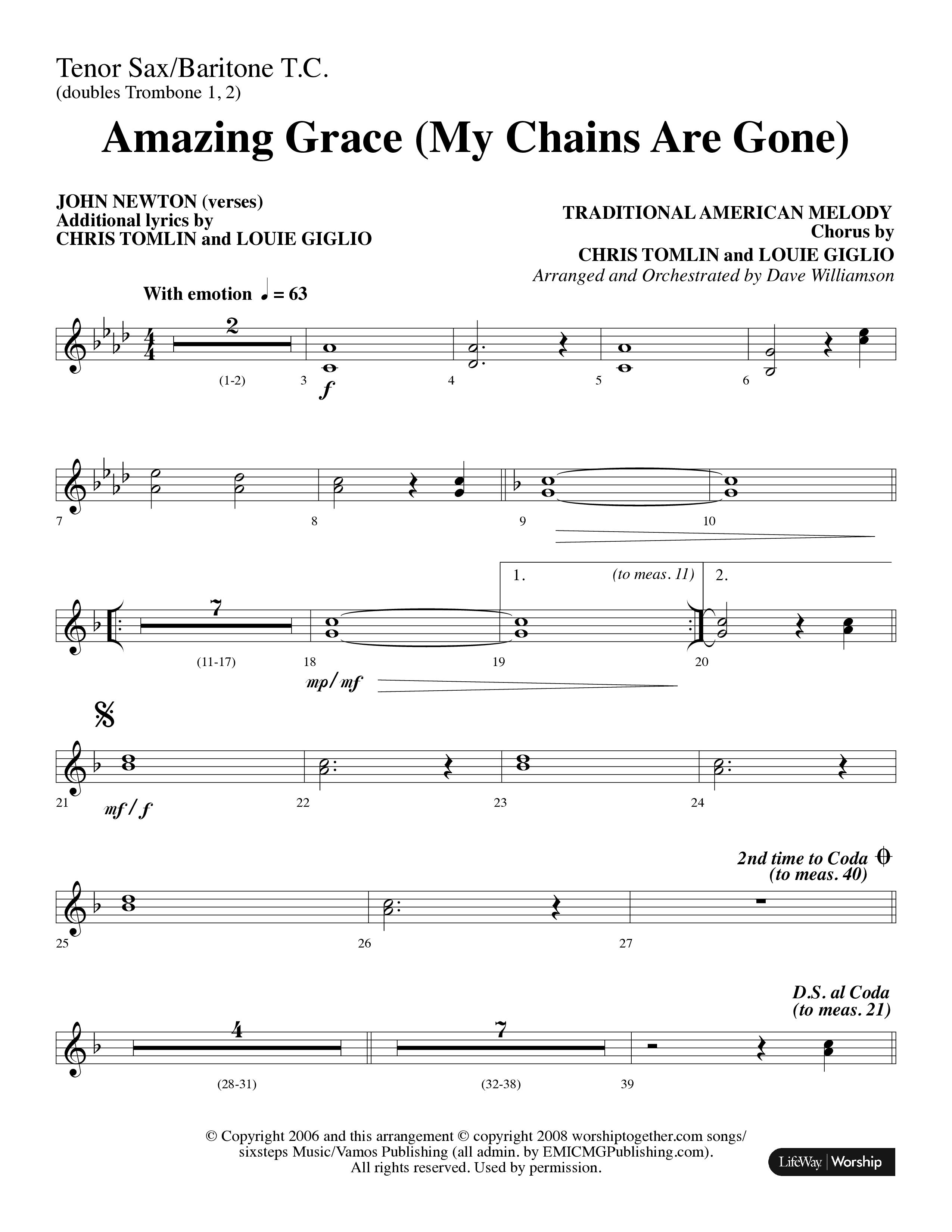 Amazing Grace (My Chains Are Gone) (Choral Anthem SATB) Tenor Sax/Baritone T.C. (Lifeway Choral / Arr. Dave Williamson)