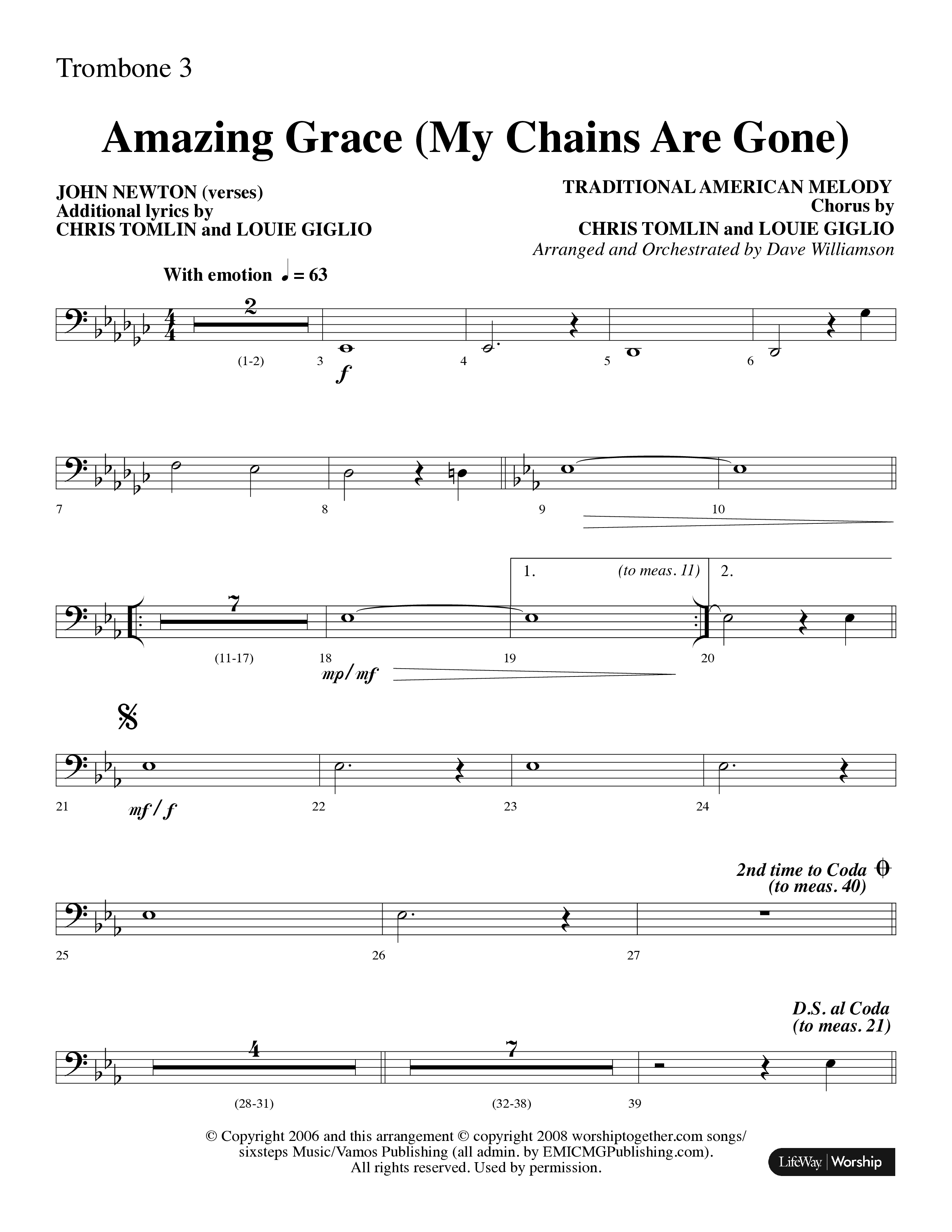 Amazing Grace (My Chains Are Gone) (Choral Anthem SATB) Trombone 3 (Lifeway Choral / Arr. Dave Williamson)