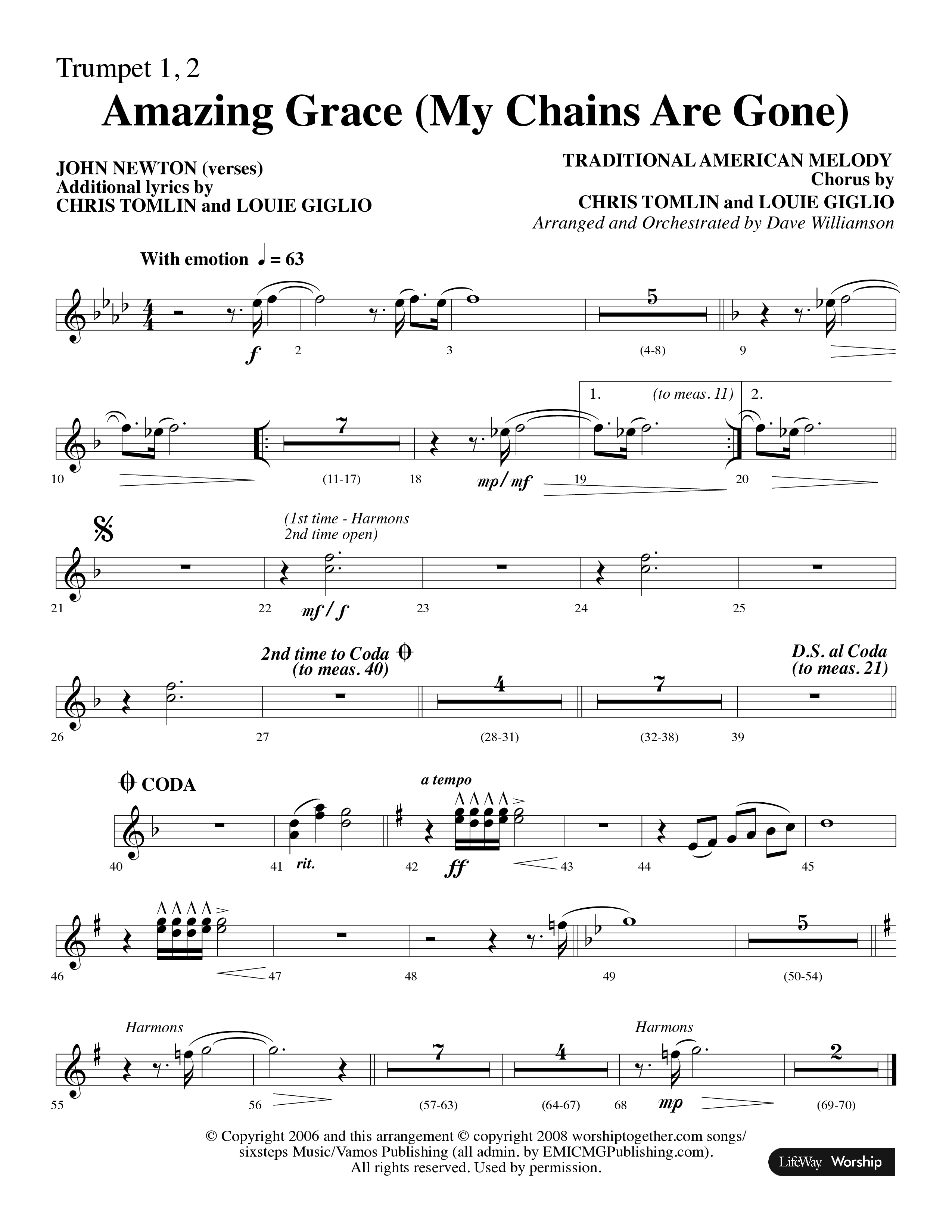 Amazing Grace (My Chains Are Gone) (Choral Anthem SATB) Trumpet 1,2 (Lifeway Choral / Arr. Dave Williamson)
