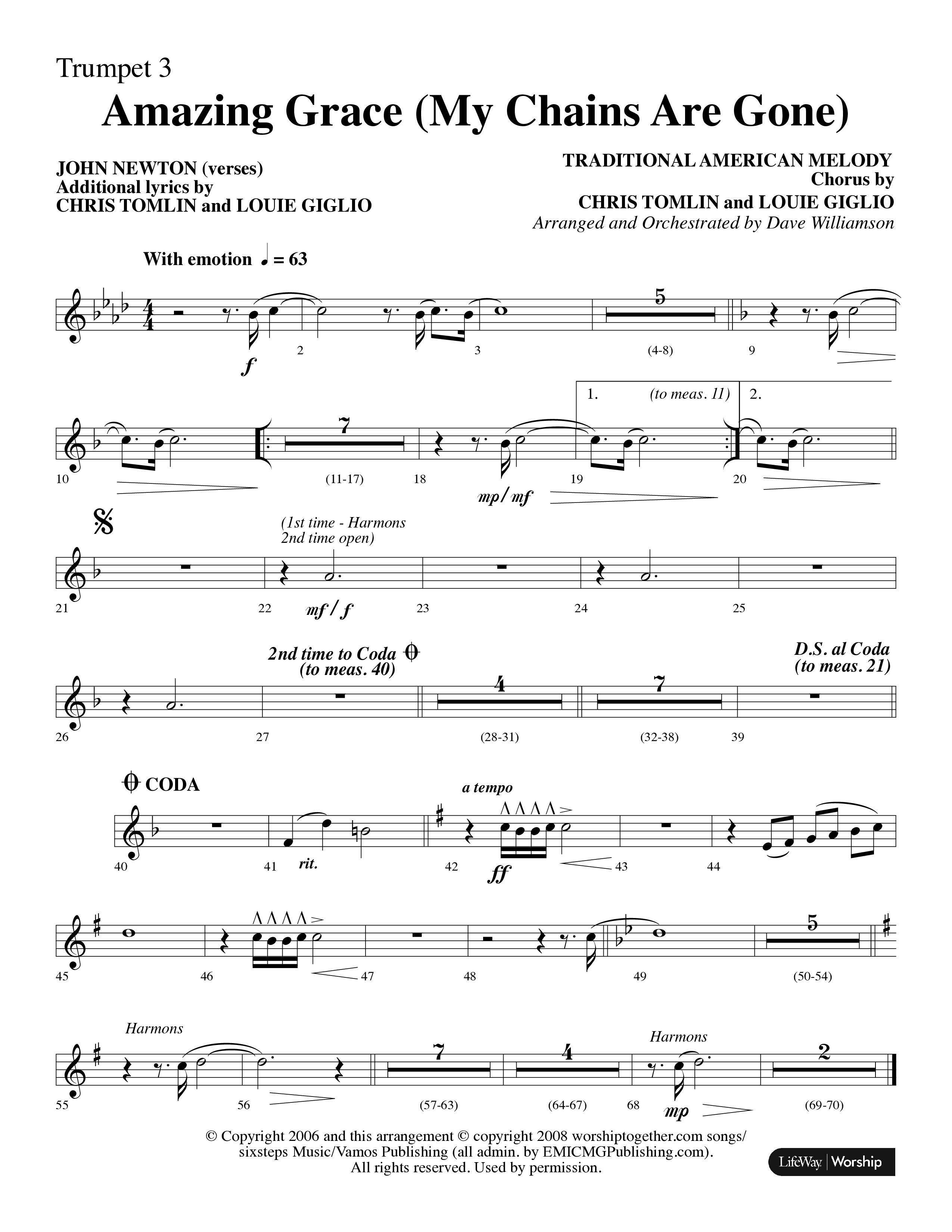 Amazing Grace (My Chains Are Gone) (Choral Anthem SATB) Trumpet 3 (Lifeway Choral / Arr. Dave Williamson)