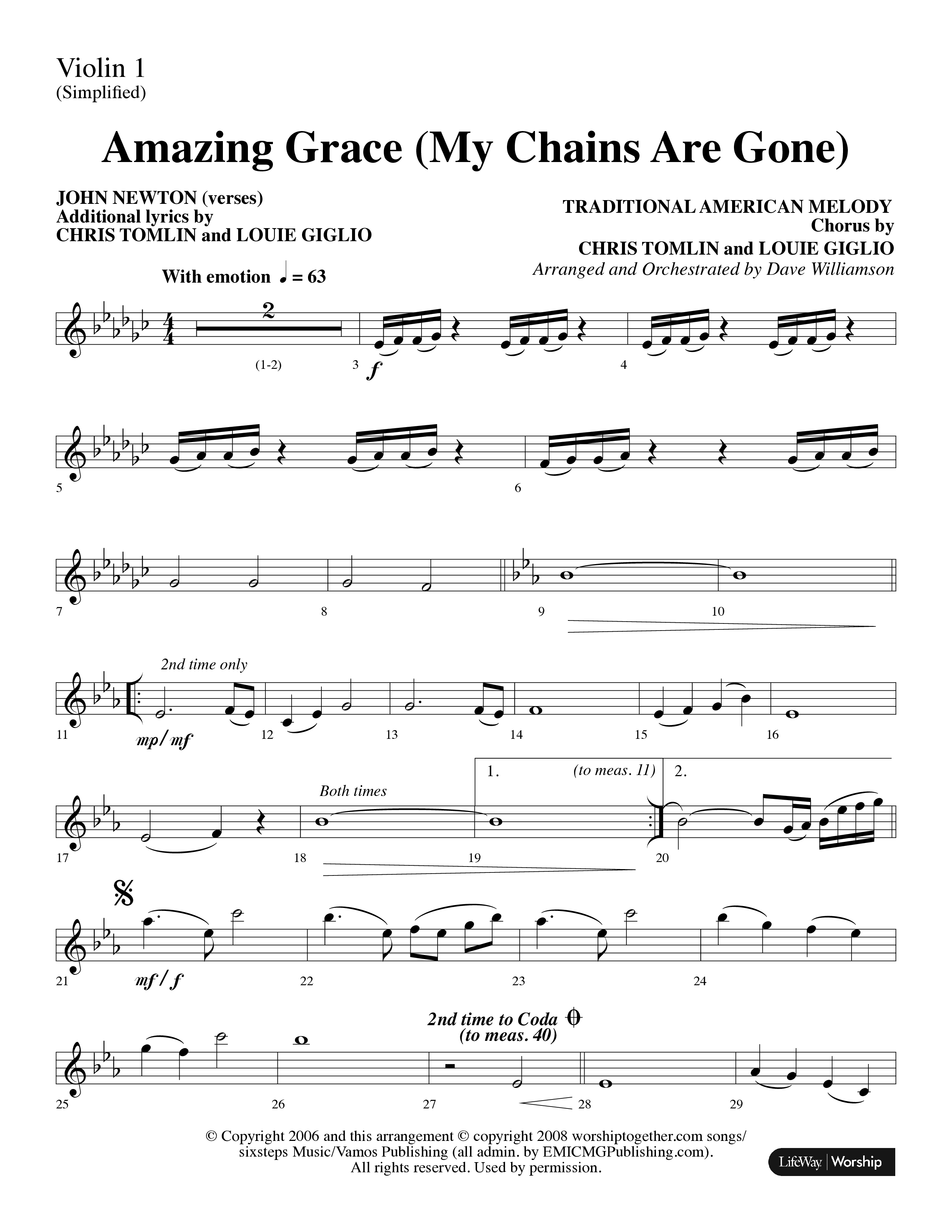 Amazing Grace (My Chains Are Gone) (Choral Anthem SATB) Violin 1 (Lifeway Choral / Arr. Dave Williamson)
