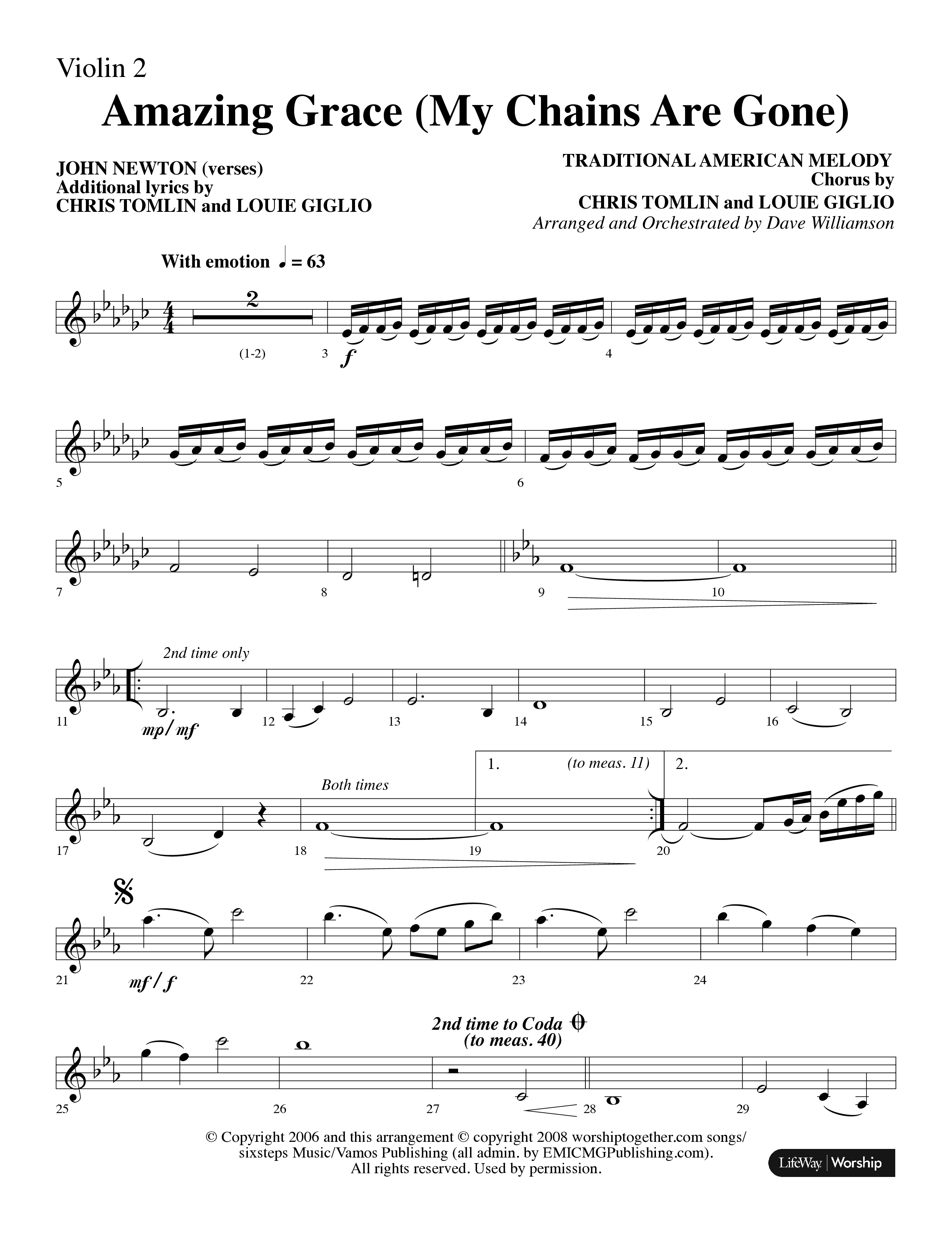 Amazing Grace (My Chains Are Gone) (Choral Anthem SATB) Violin 2 (Lifeway Choral / Arr. Dave Williamson)