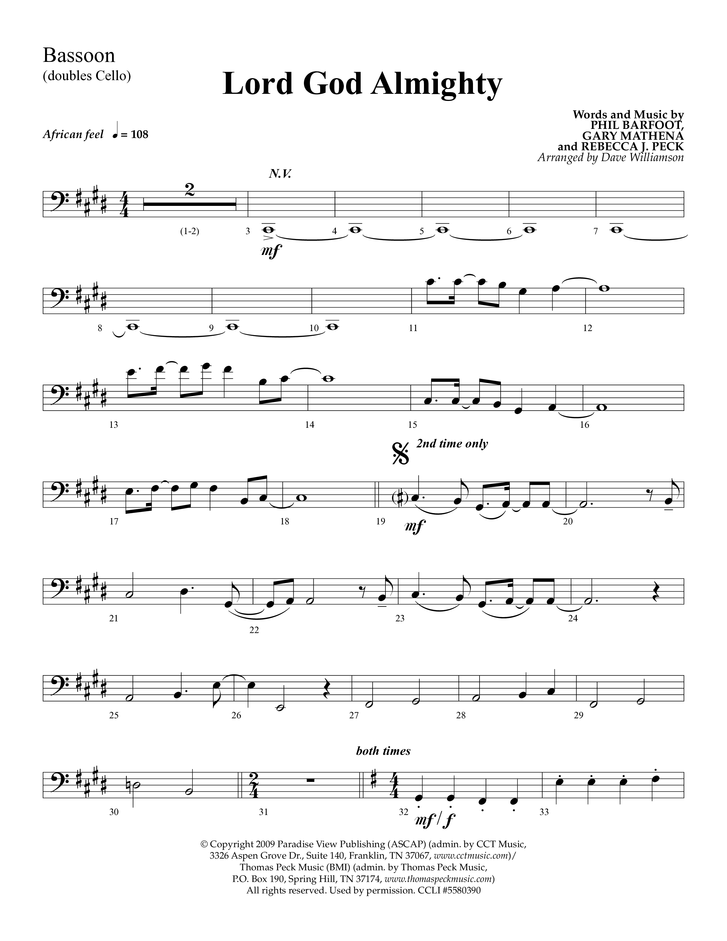 Lord God Almighty (Choral Anthem SATB) Bassoon (Lifeway Choral / Arr. Dave Williamson)