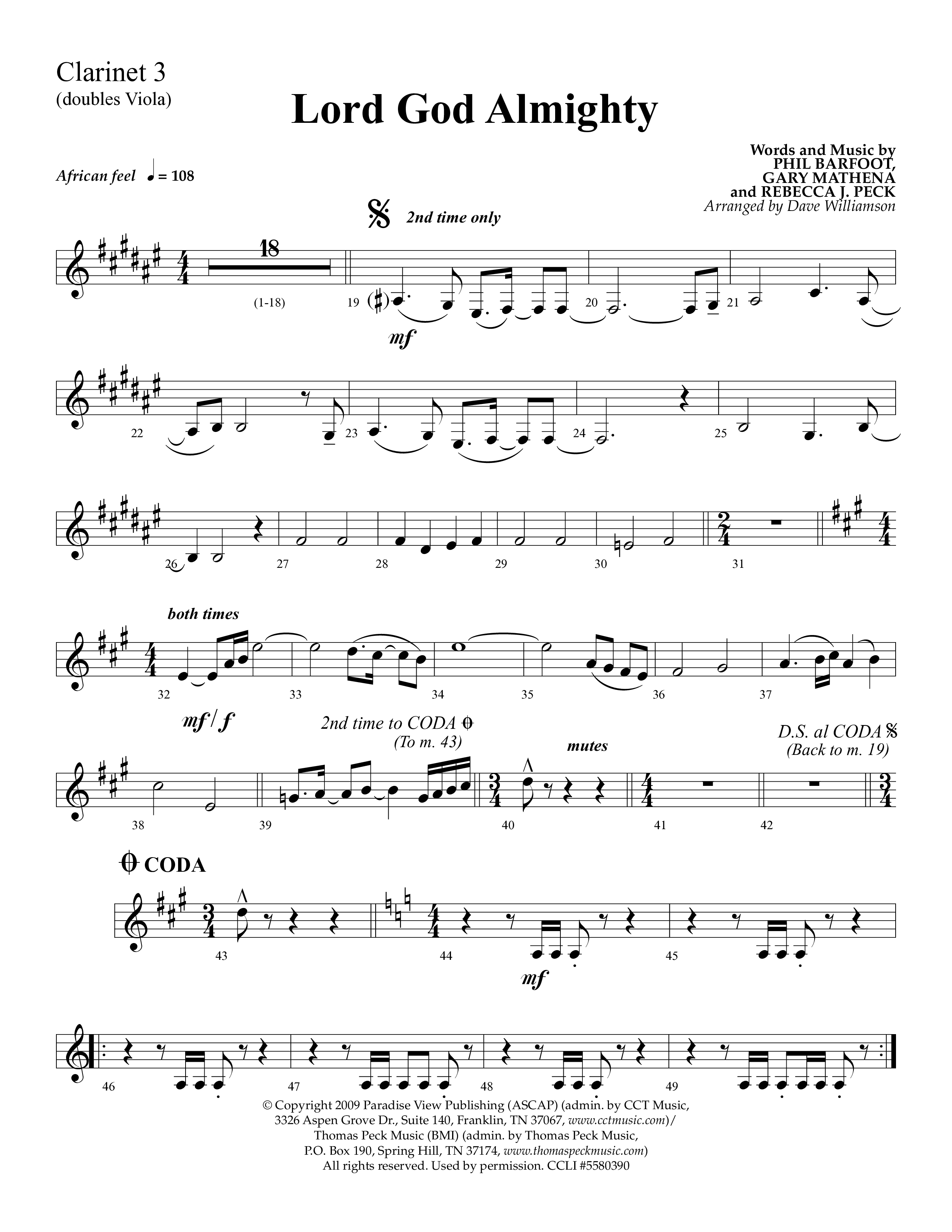 Lord God Almighty (Choral Anthem SATB) Clarinet 3 (Lifeway Choral / Arr. Dave Williamson)