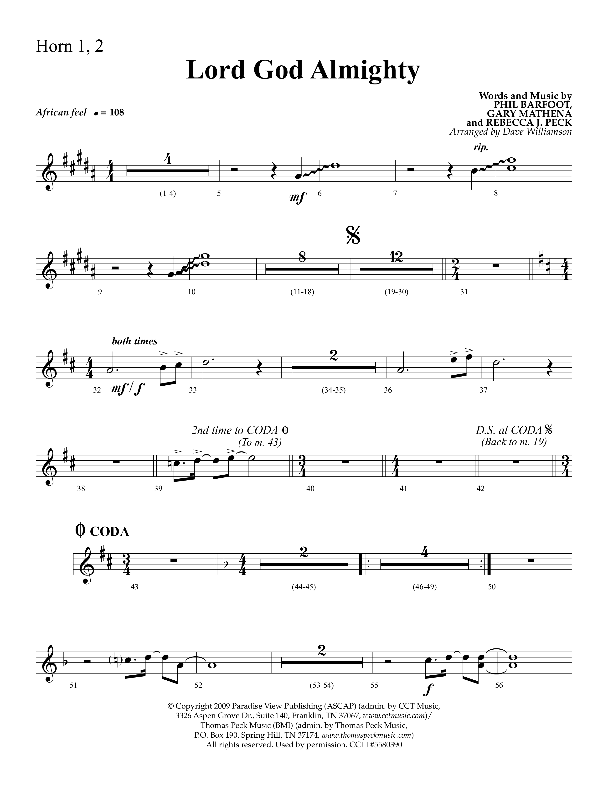 Lord God Almighty (Choral Anthem SATB) French Horn 1/2 (Lifeway Choral / Arr. Dave Williamson)