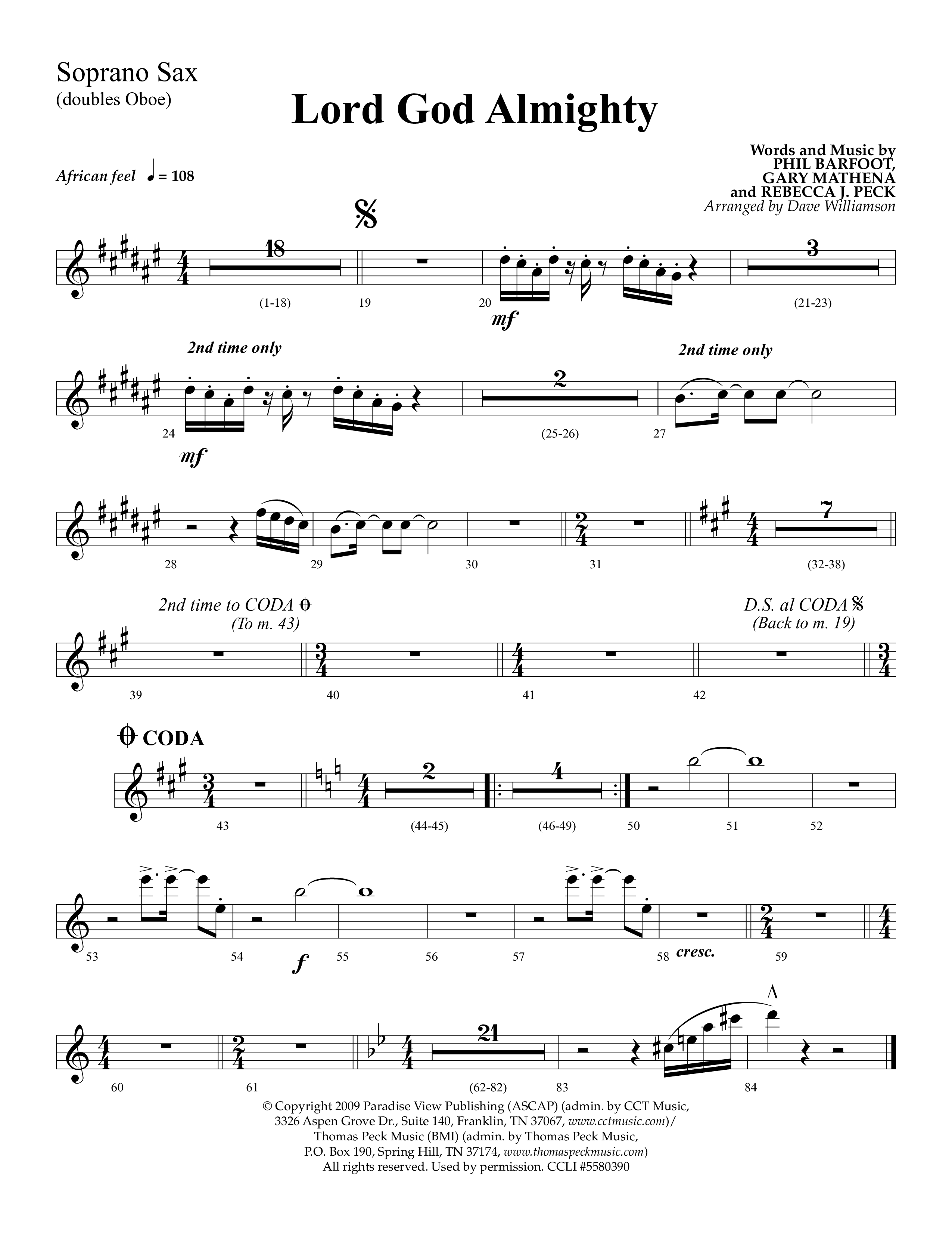 Lord God Almighty (Choral Anthem SATB) Soprano Sax (Lifeway Choral / Arr. Dave Williamson)