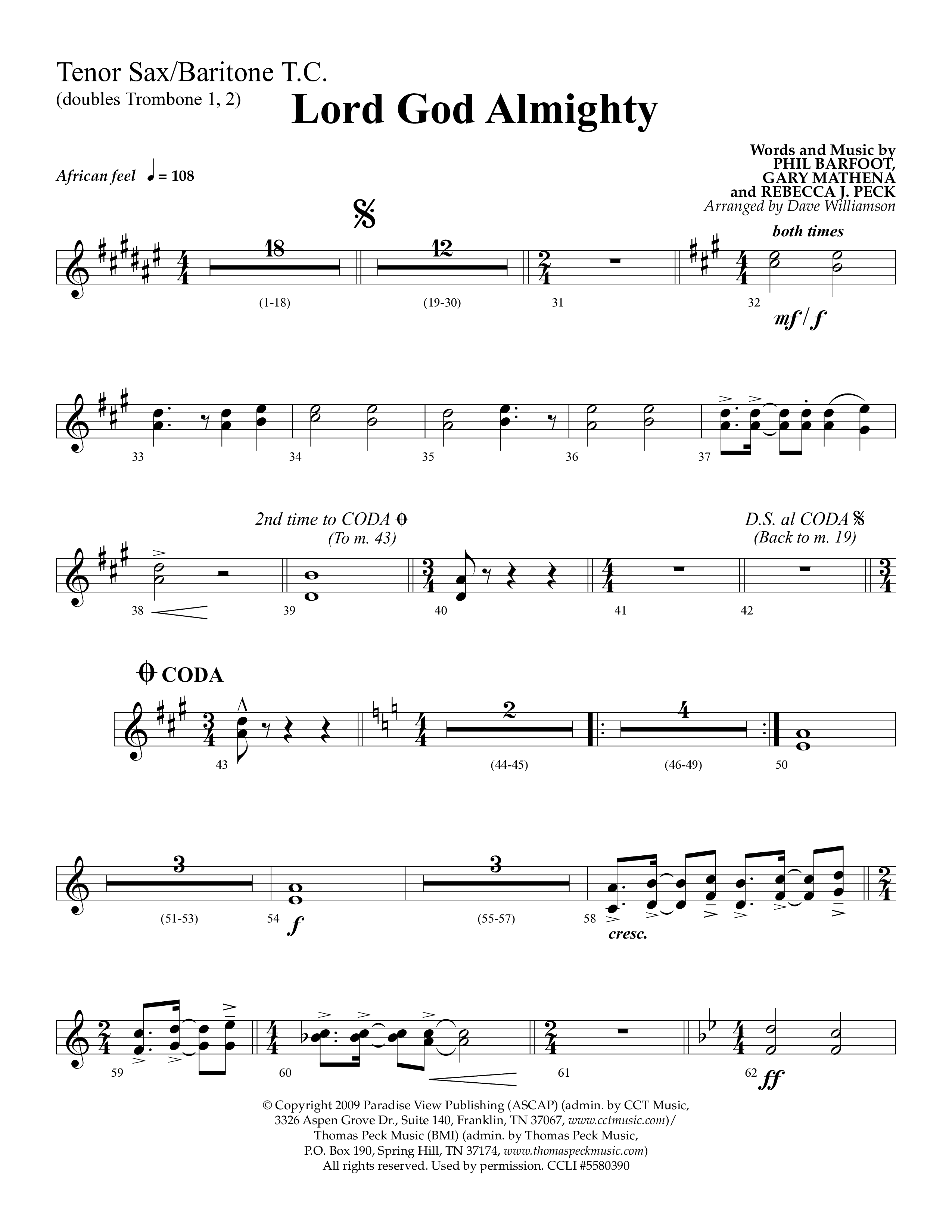 Lord God Almighty (Choral Anthem SATB) Tenor Sax/Baritone T.C. (Lifeway Choral / Arr. Dave Williamson)